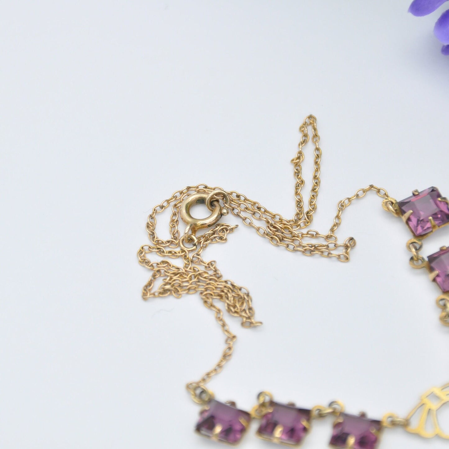 Antique 9ct Gold Necklace with Faceted Amethyst Gemstones - Delicate Early 20th Century Fine Jewellery