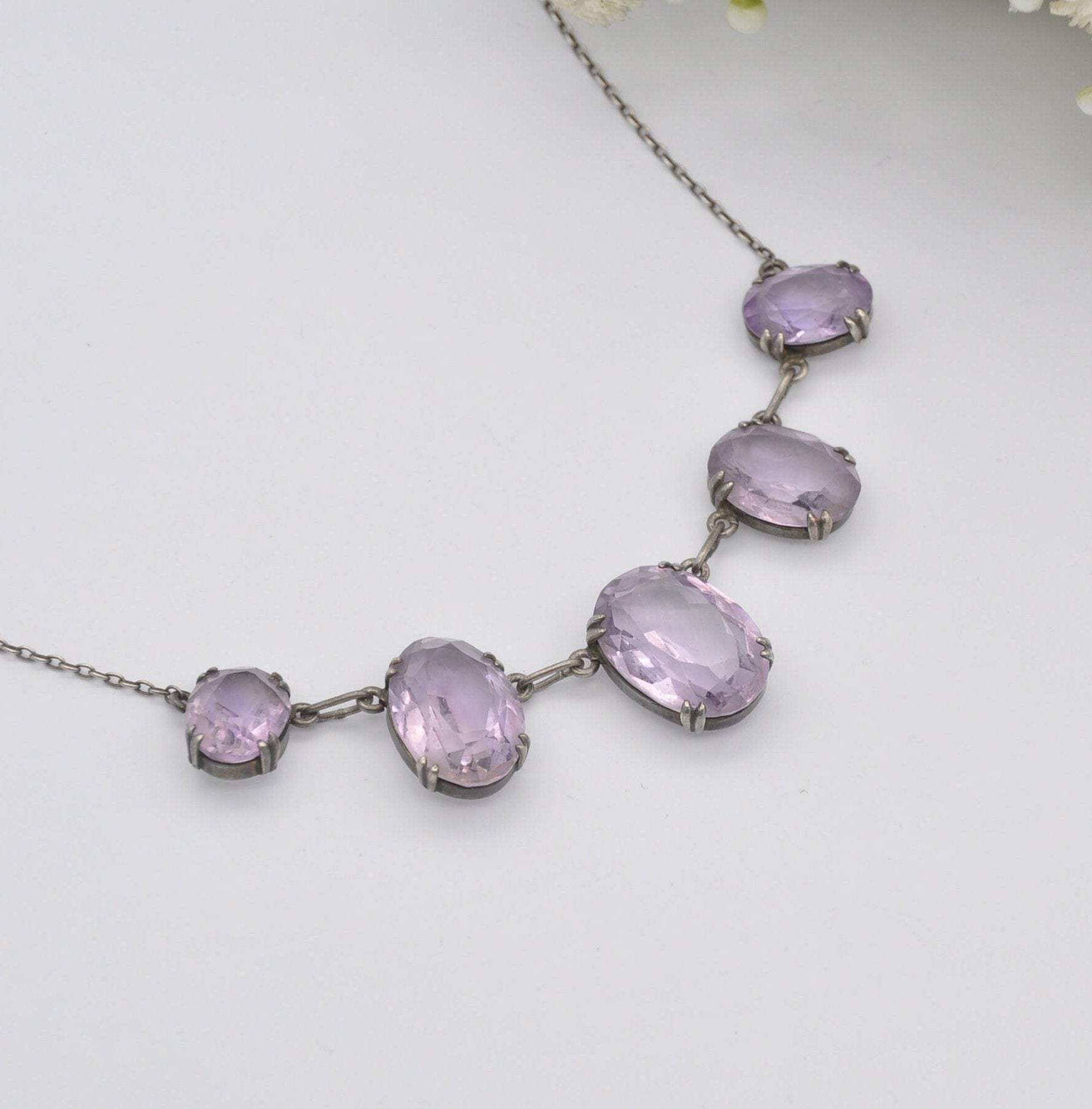 Antique Edwardian Sterling Silver Amethyst Necklace with Graduated Faceted Stones - Length 15" 39cm