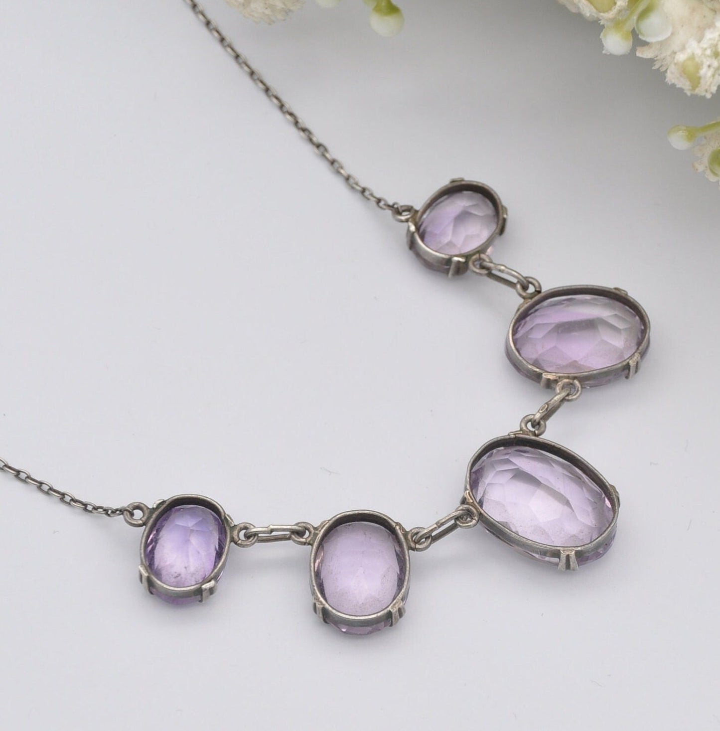 Antique Edwardian Sterling Silver Amethyst Necklace with Graduated Faceted Stones - Length 15" 39cm