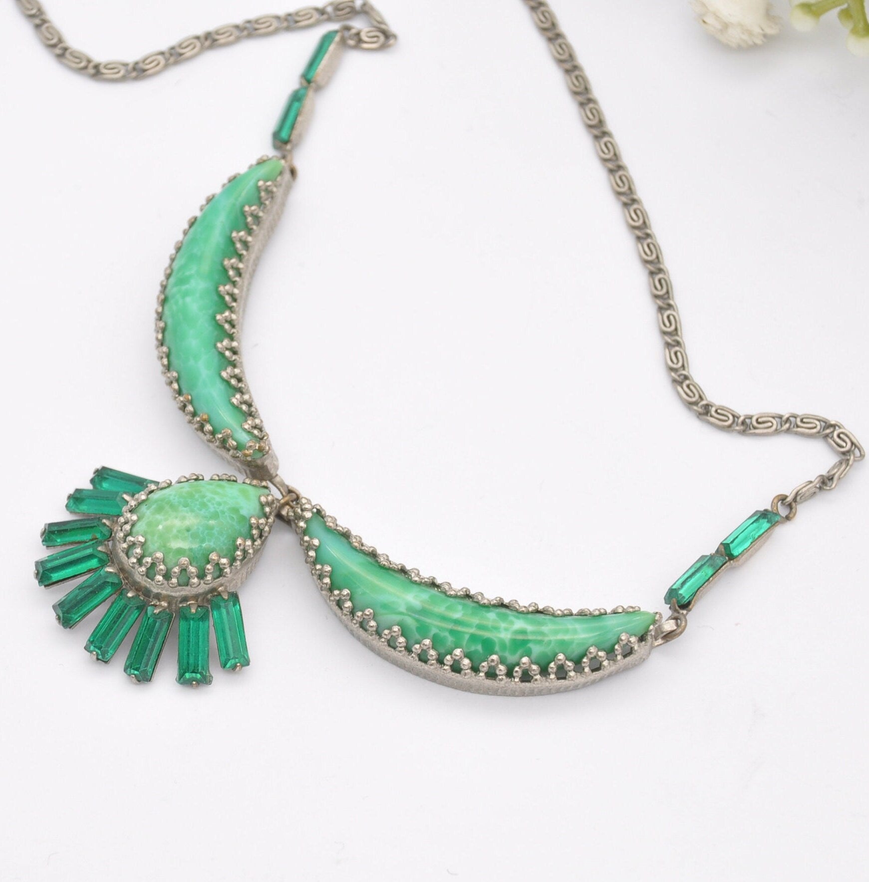 Vintage Green Peking Glass Statement Necklace with Czech Filigree