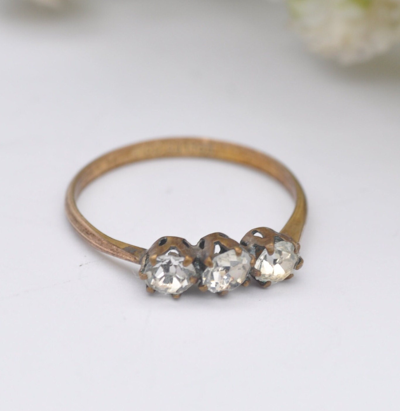 Antique Rolled Gold Three Stone Ring with Sparkly Clear Paste - Late Victorian | UK Size - P | US Size - 7 3/4