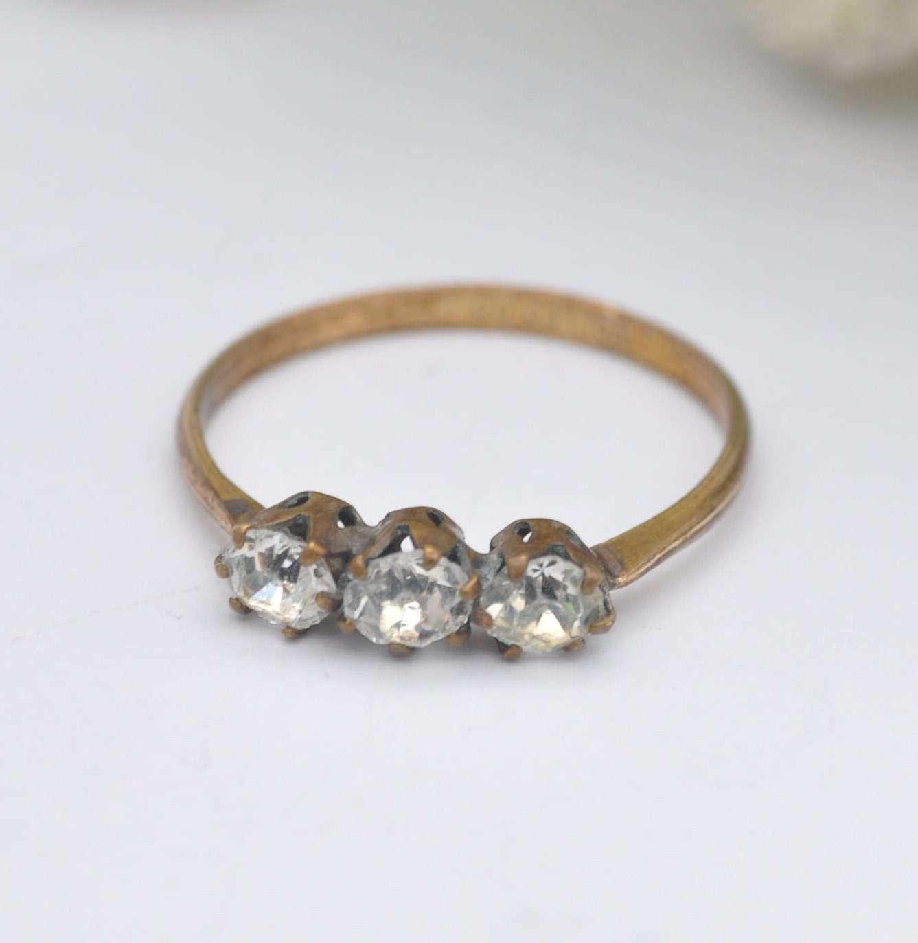 Antique Rolled Gold Three Stone Ring with Sparkly Clear Paste - Late Victorian | UK Size - P | US Size - 7 3/4