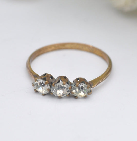 Antique Rolled Gold Three Stone Ring with Sparkly Clear Paste - Late Victorian | UK Size - P | US Size - 7 3/4