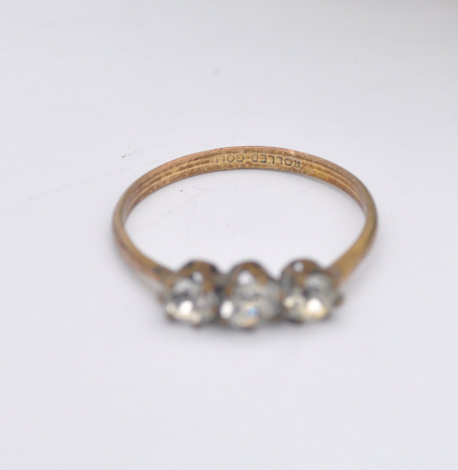 Antique Rolled Gold Three Stone Ring with Sparkly Clear Paste - Late Victorian | UK Size - P | US Size - 7 3/4