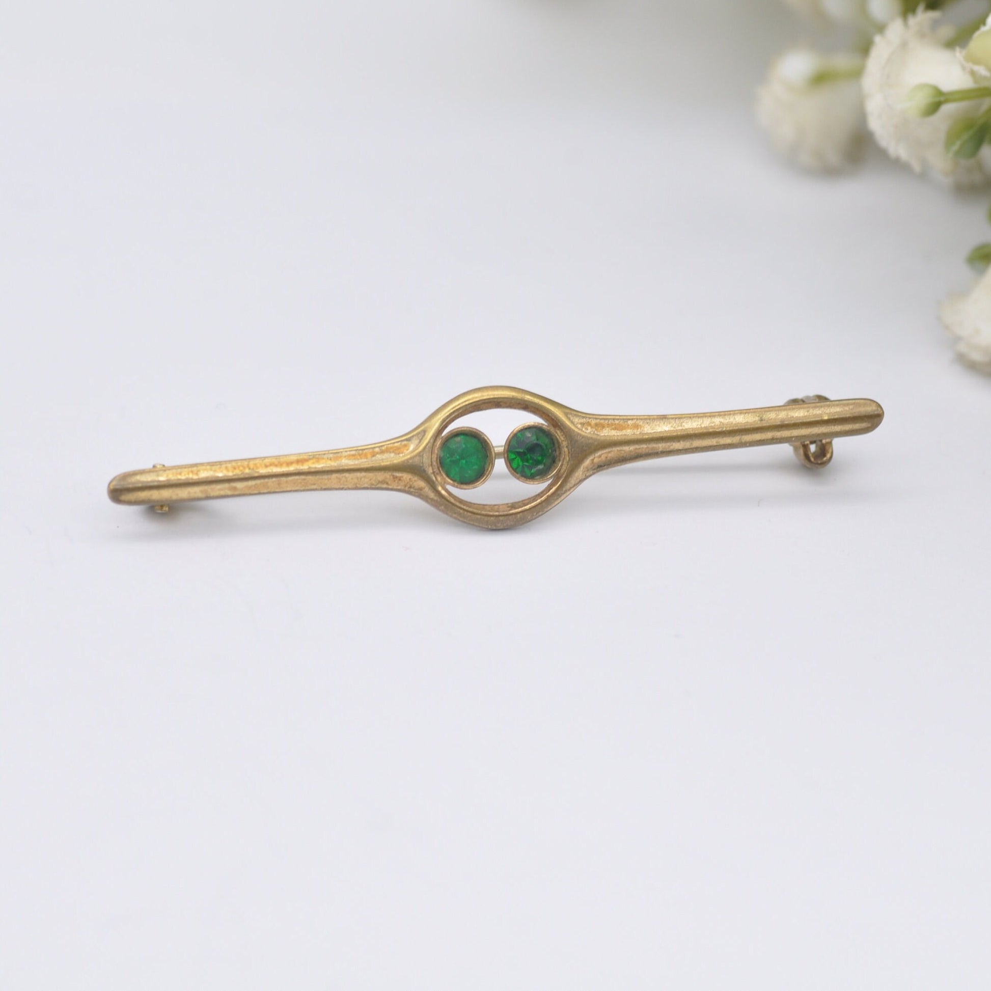 Vintage Rolled Gold Green Paste Bar Brooch with Two Stones