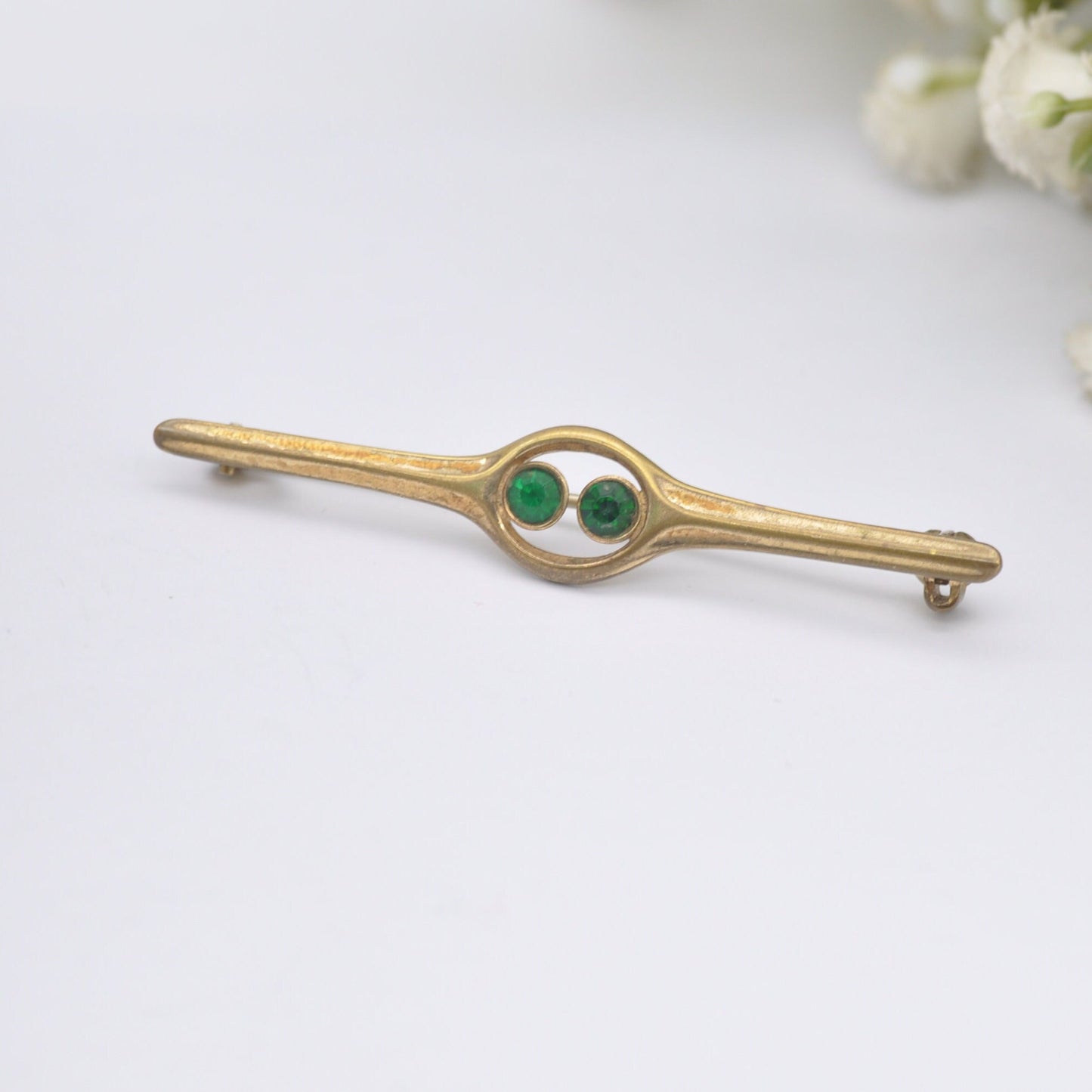 Vintage Rolled Gold Green Paste Bar Brooch with Two Stones