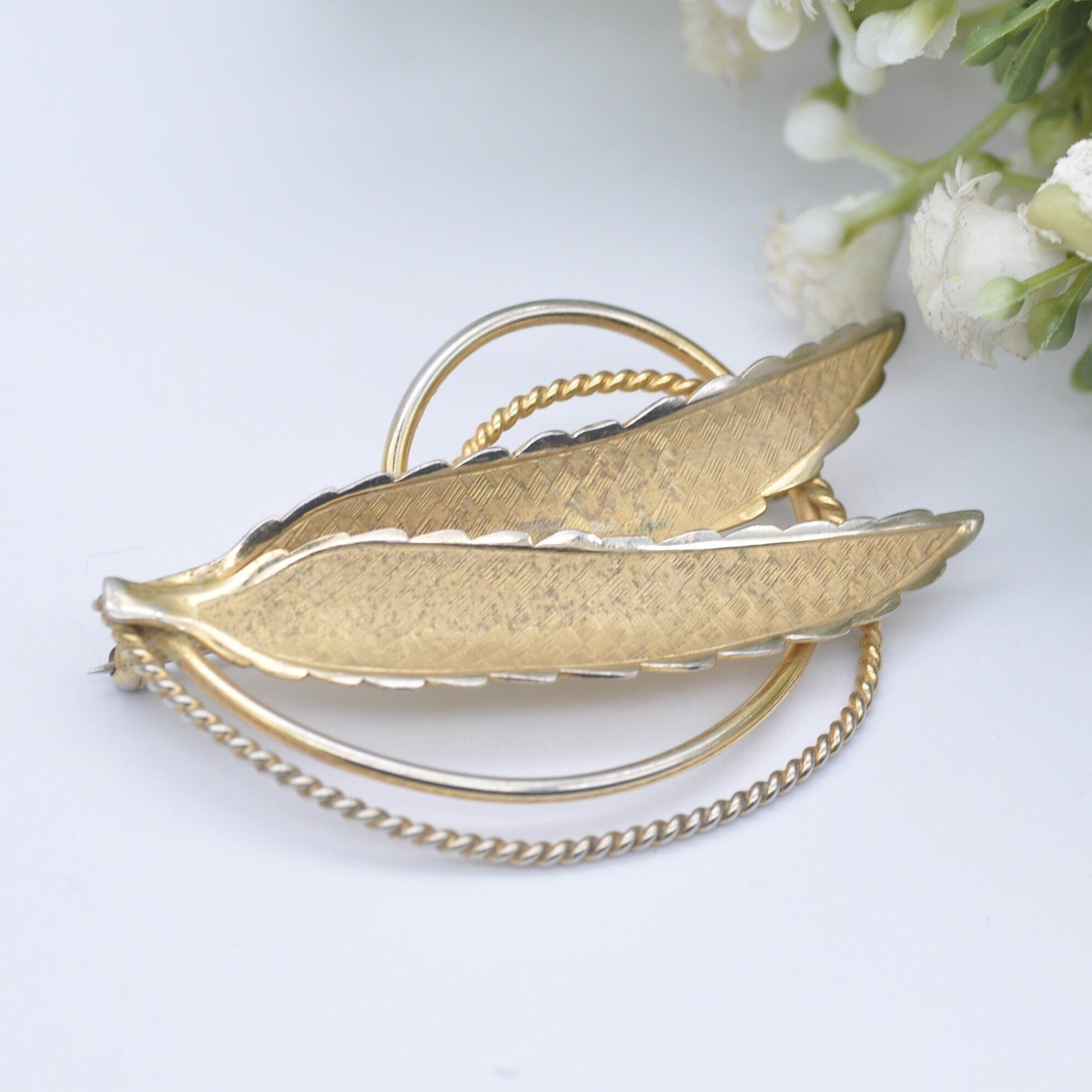 Vintage Rolled Gold Leaf Brooch by Ecco - Two Leaves | Mid-Century Textured Pin