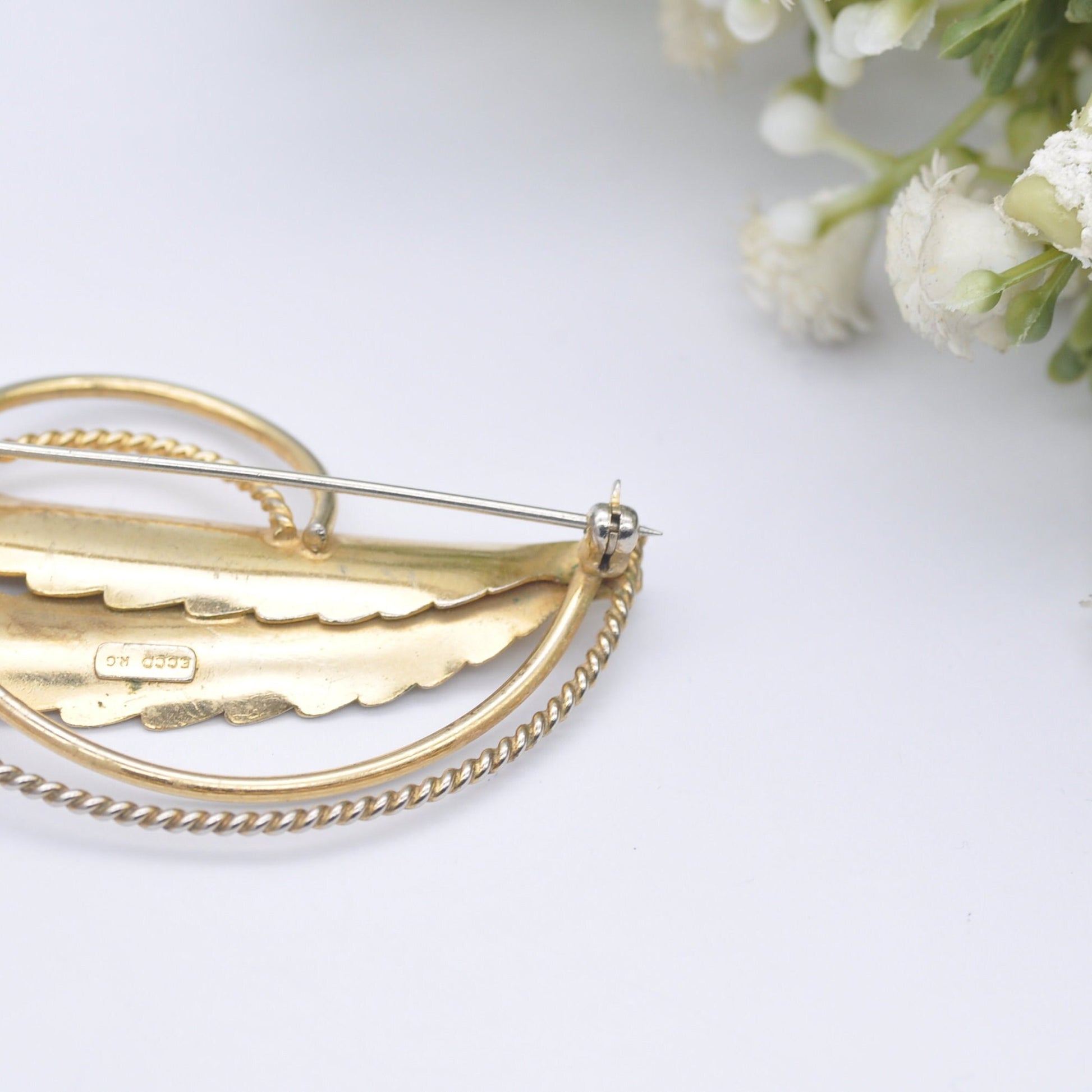 Vintage Rolled Gold Leaf Brooch by Ecco - Two Leaves | Mid-Century Textured Pin