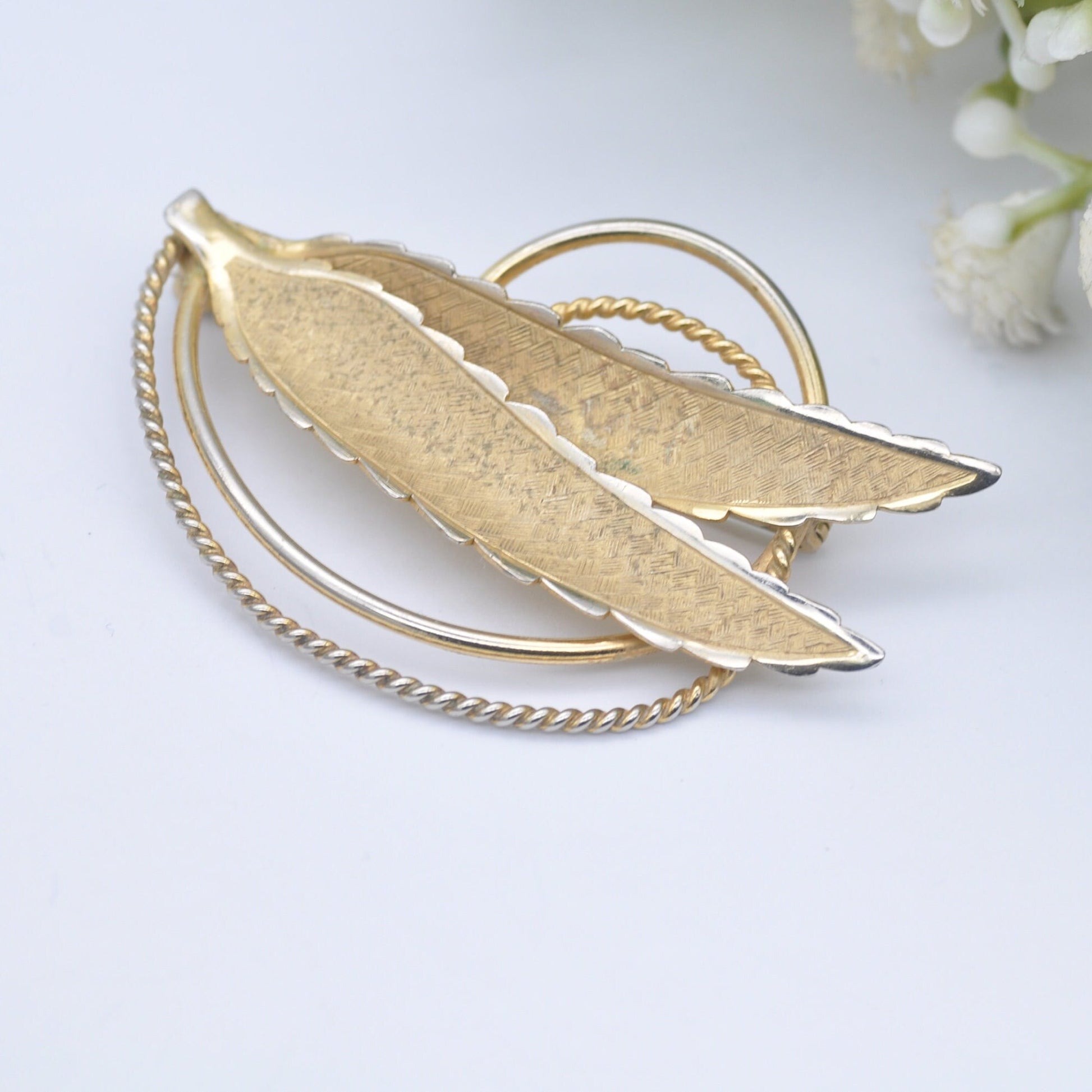 Vintage Rolled Gold Leaf Brooch by Ecco - Two Leaves | Mid-Century Textured Pin