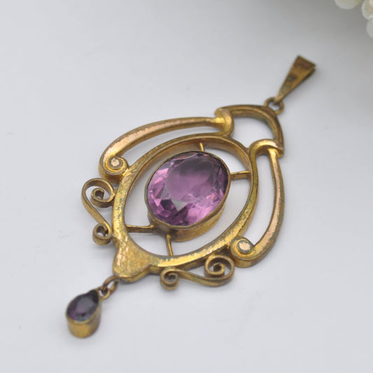 Antique Rolled Gold Purple Paste Pendant - Ornate Edwardian Lavalier with Small Drop