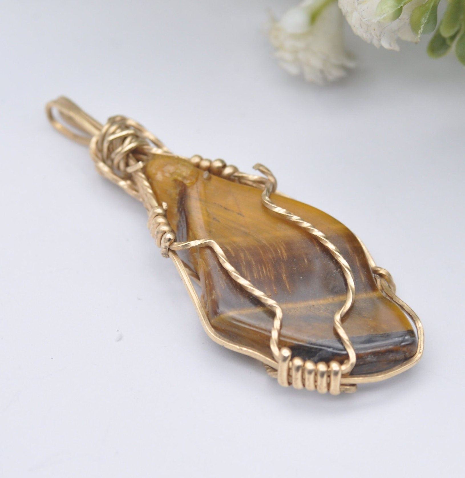 Vintage Tiger's Eye Gemstone in Rolled Gold Wirework Pendant