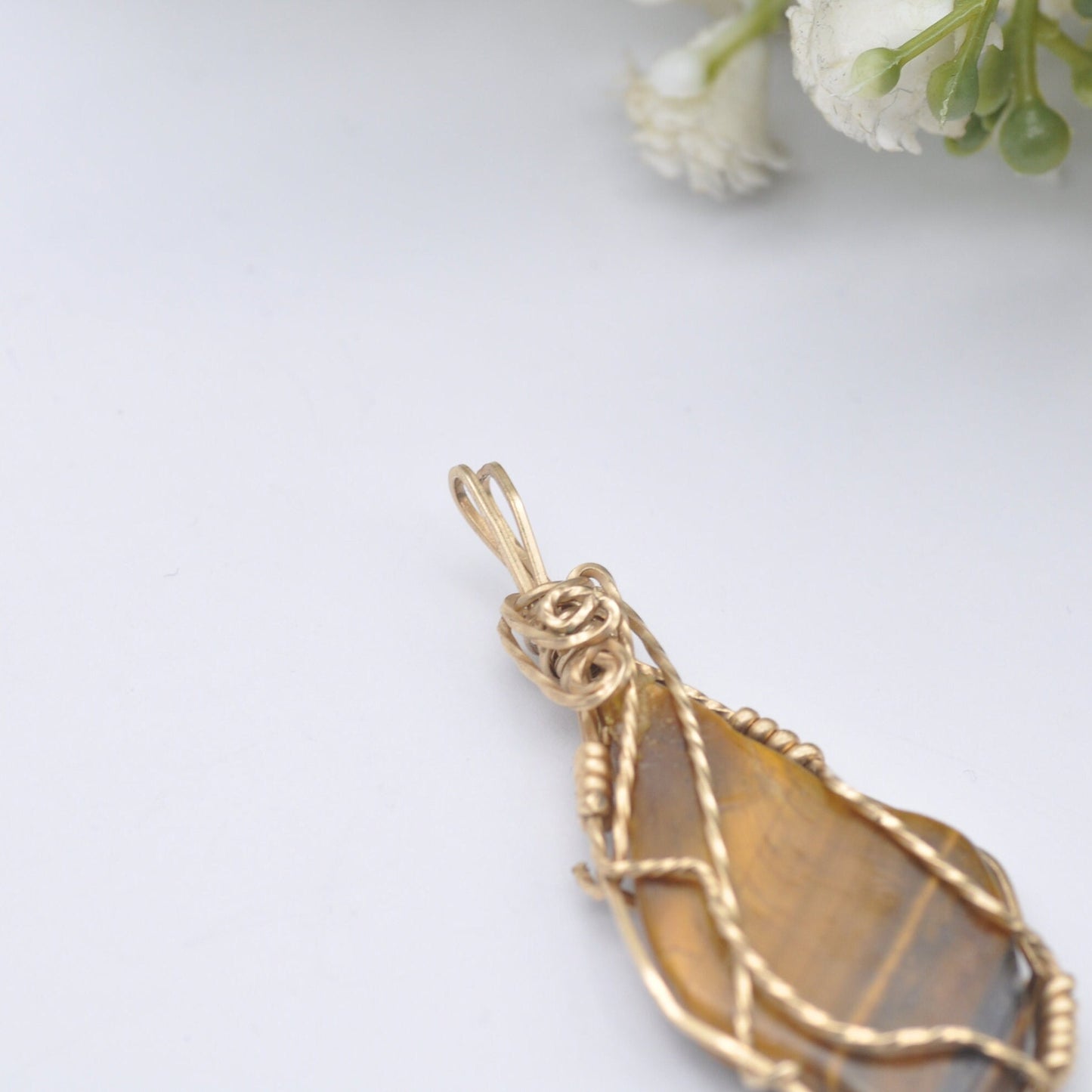 Vintage Tiger's Eye Gemstone in Rolled Gold Wirework Pendant