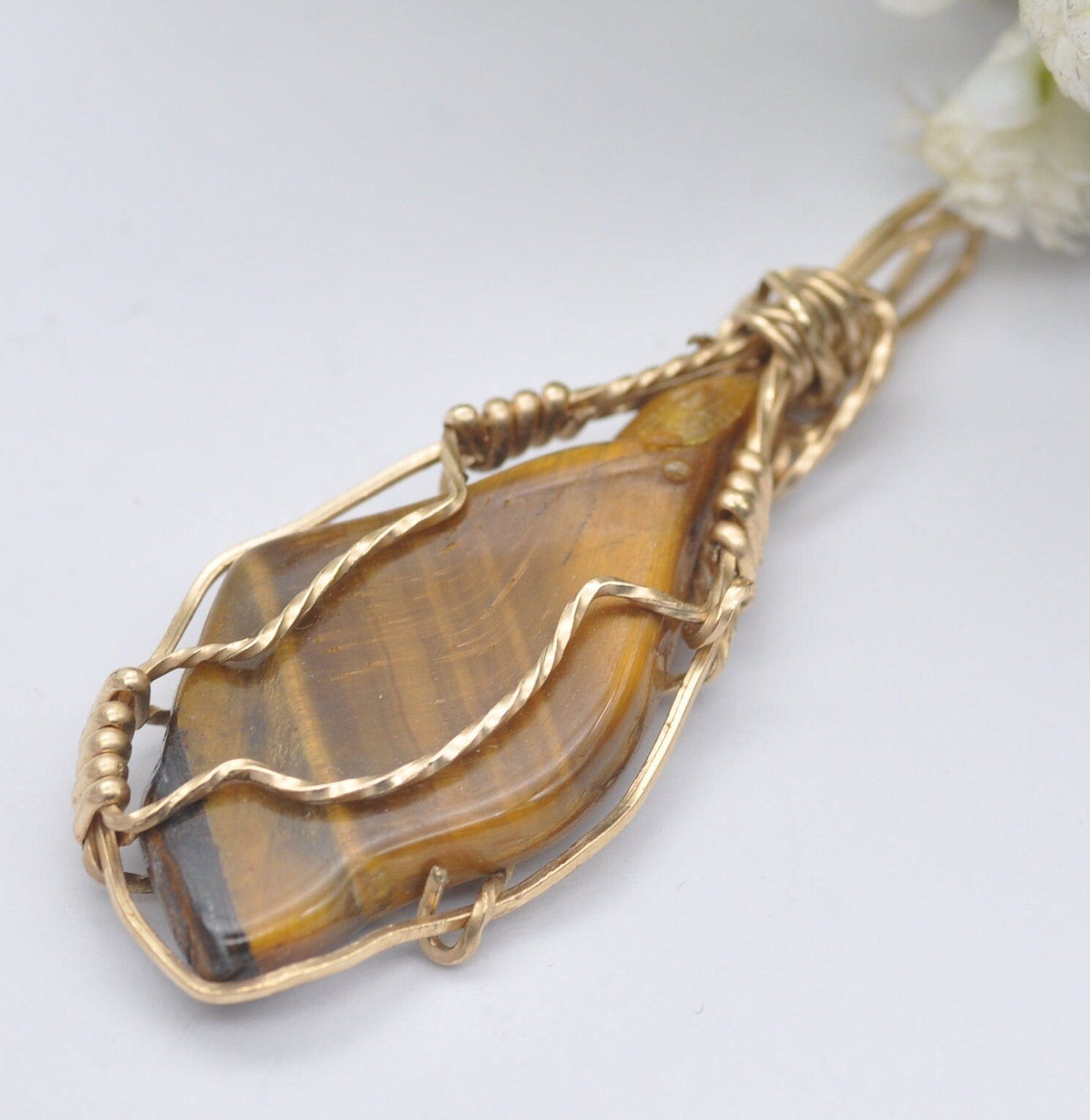 Vintage Tiger's Eye Gemstone in Rolled Gold Wirework Pendant