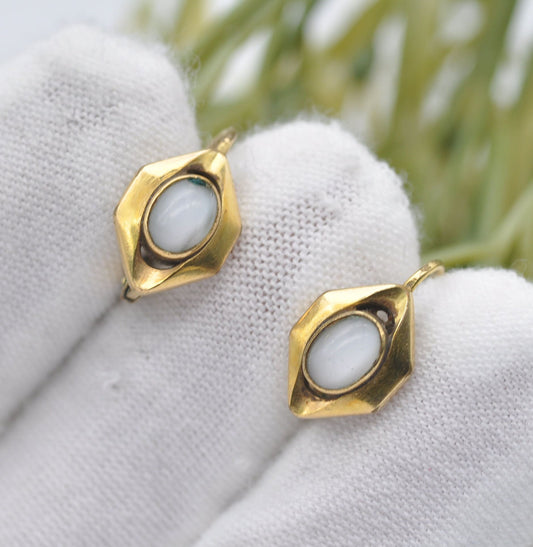 Vintage Rolled Gold Stud Earrings with Frosted Opalised Glass Oval Stones - Mid-Century Studs | Unusual Hexagon Shape