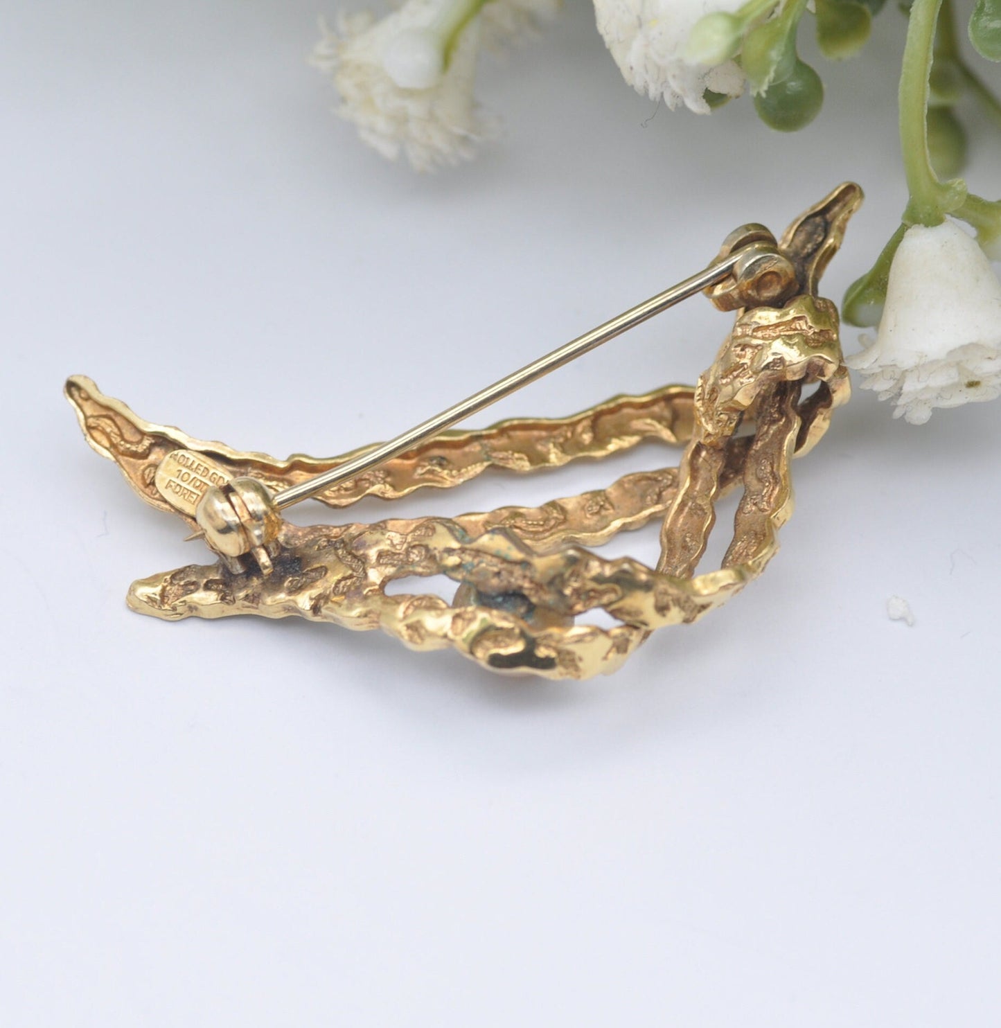 Vintage Mid-Century Rolled Gold Brooch with a Faux Pearl - Textured Figural Design