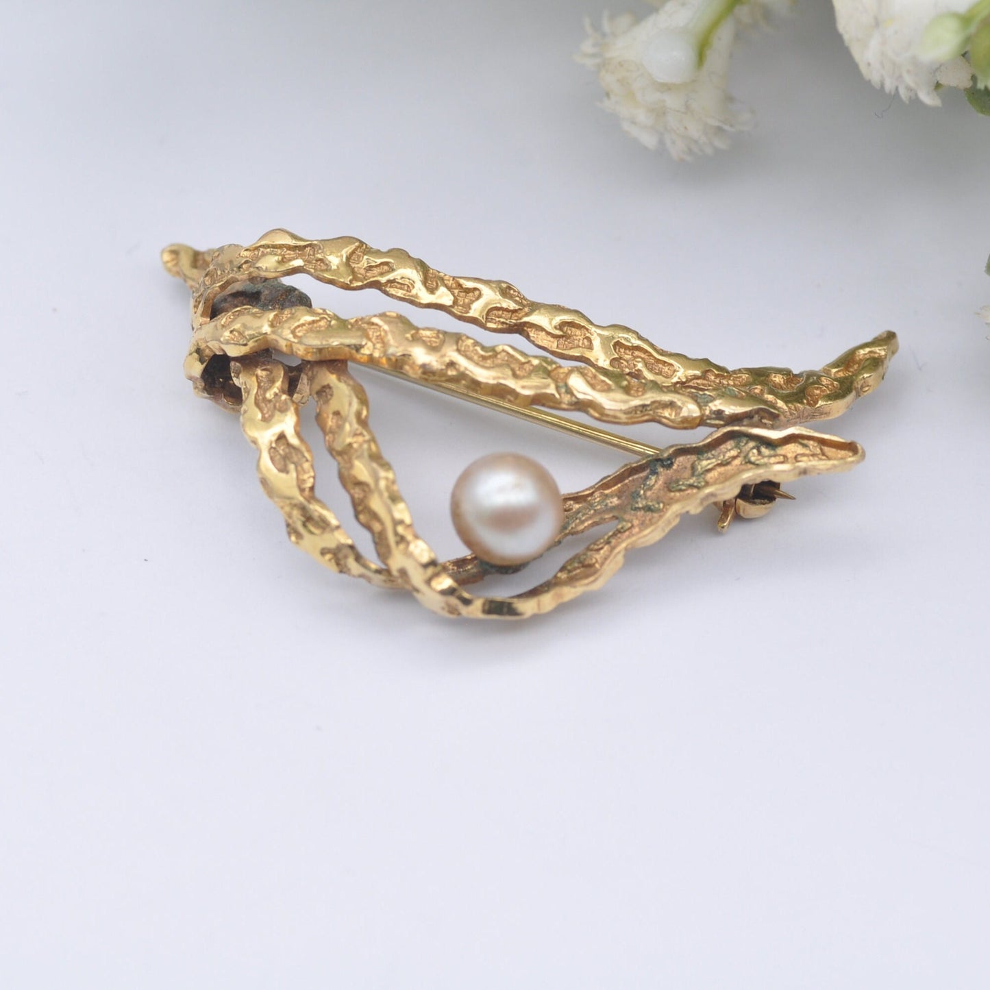 Vintage Mid-Century Rolled Gold Brooch with a Faux Pearl - Textured Figural Design