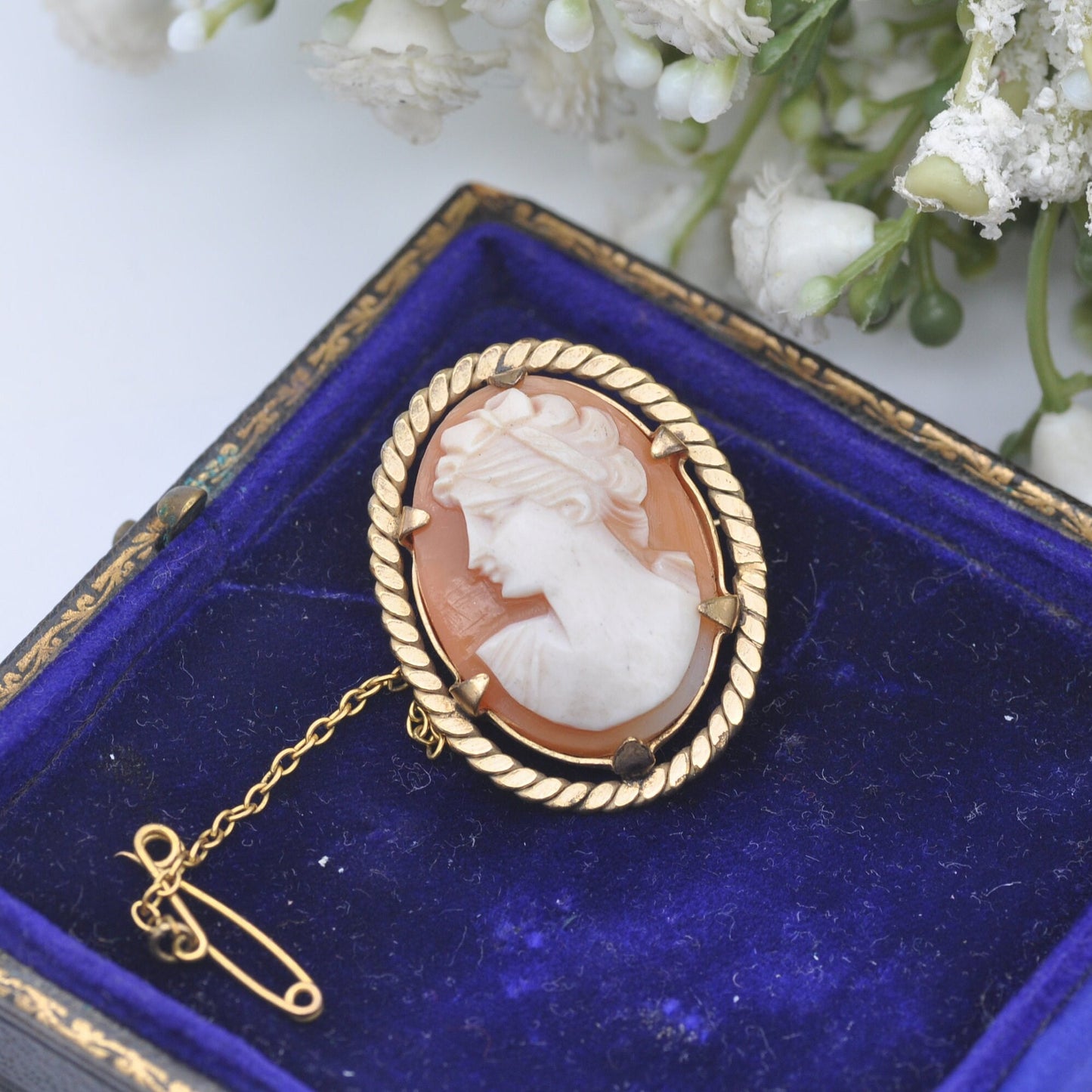 Vintage Rolled Gold Shell Cameo Brooch with Safety Chain - Classical Roman Profile Face | Hand Carved