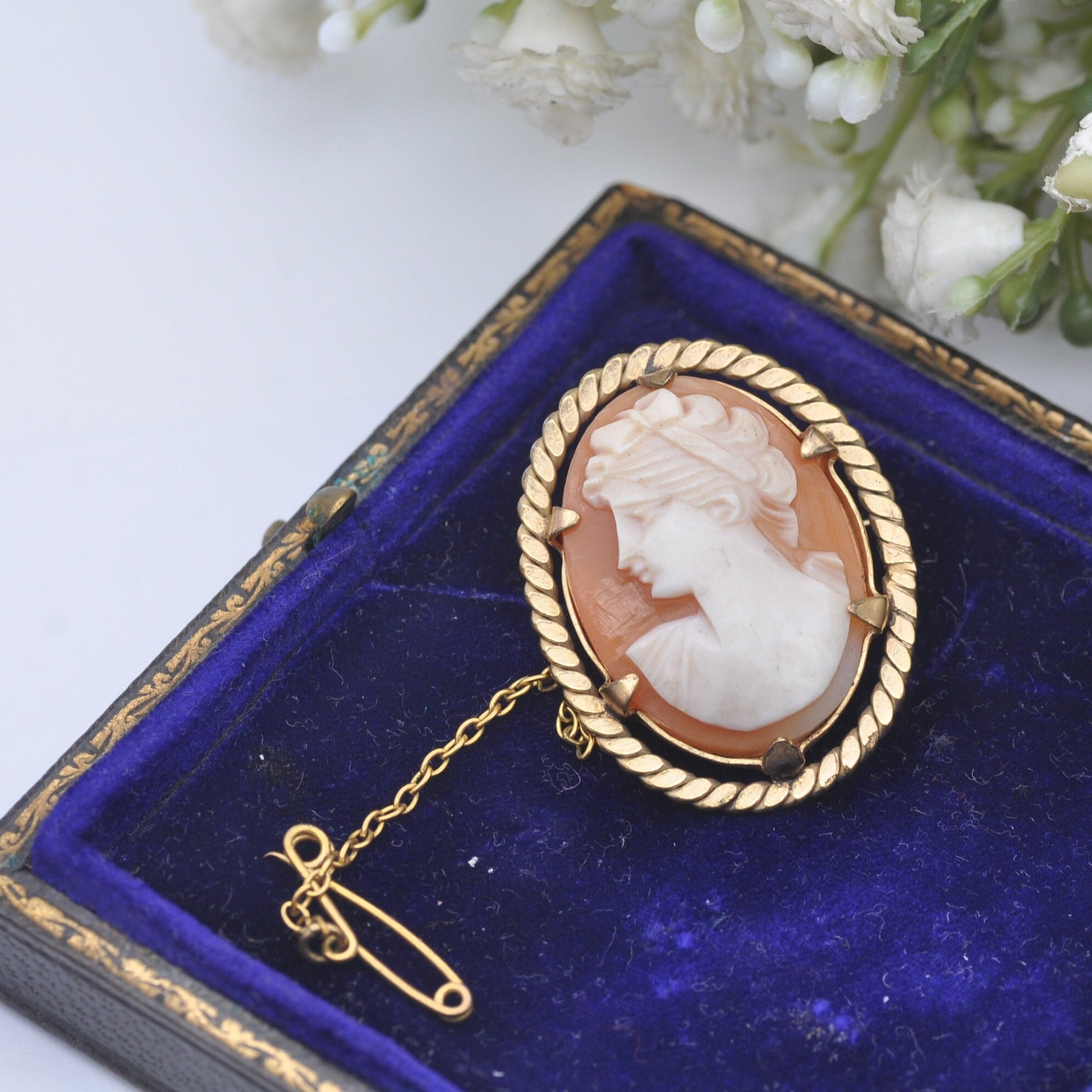 Vintage Rolled Gold Shell Cameo Brooch with Safety Chain - Classical Roman Profile Face | Hand Carved