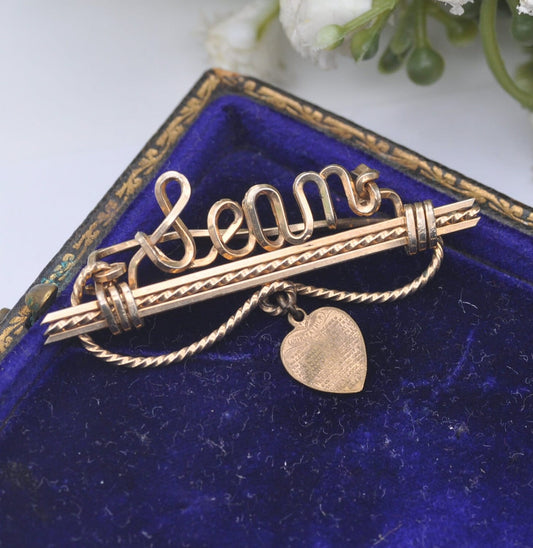 Vintage Rolled Gold Wirework Name Brooch with Miniature Lord's Prayer Heart Pendant Drop - Wire Name Sean | Our Father Religious