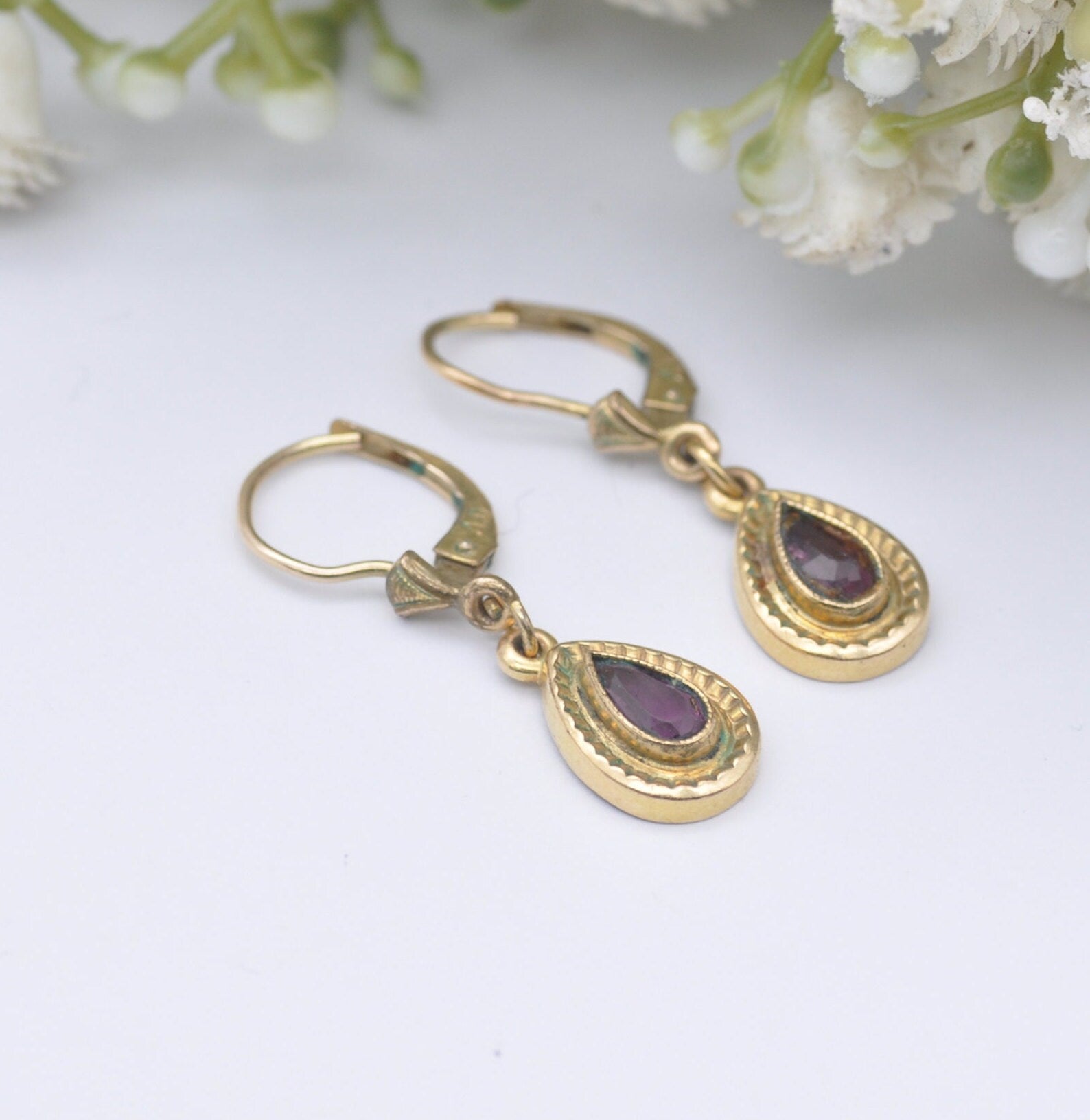 Vintage Rolled Gold Purple Paste Drop Earrings - Mid-Century Costume Jewellery | Gold Tone