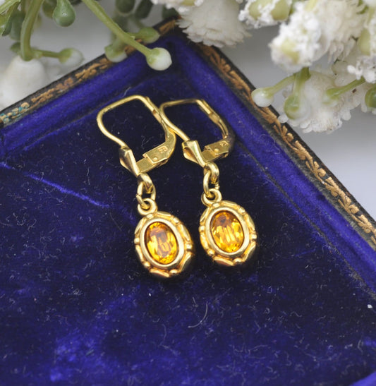 Vintage Rolled Gold Orange Paste Drop Earrings - FB | Ornate Bezel Setting | Mid-Century Costume Jewellery