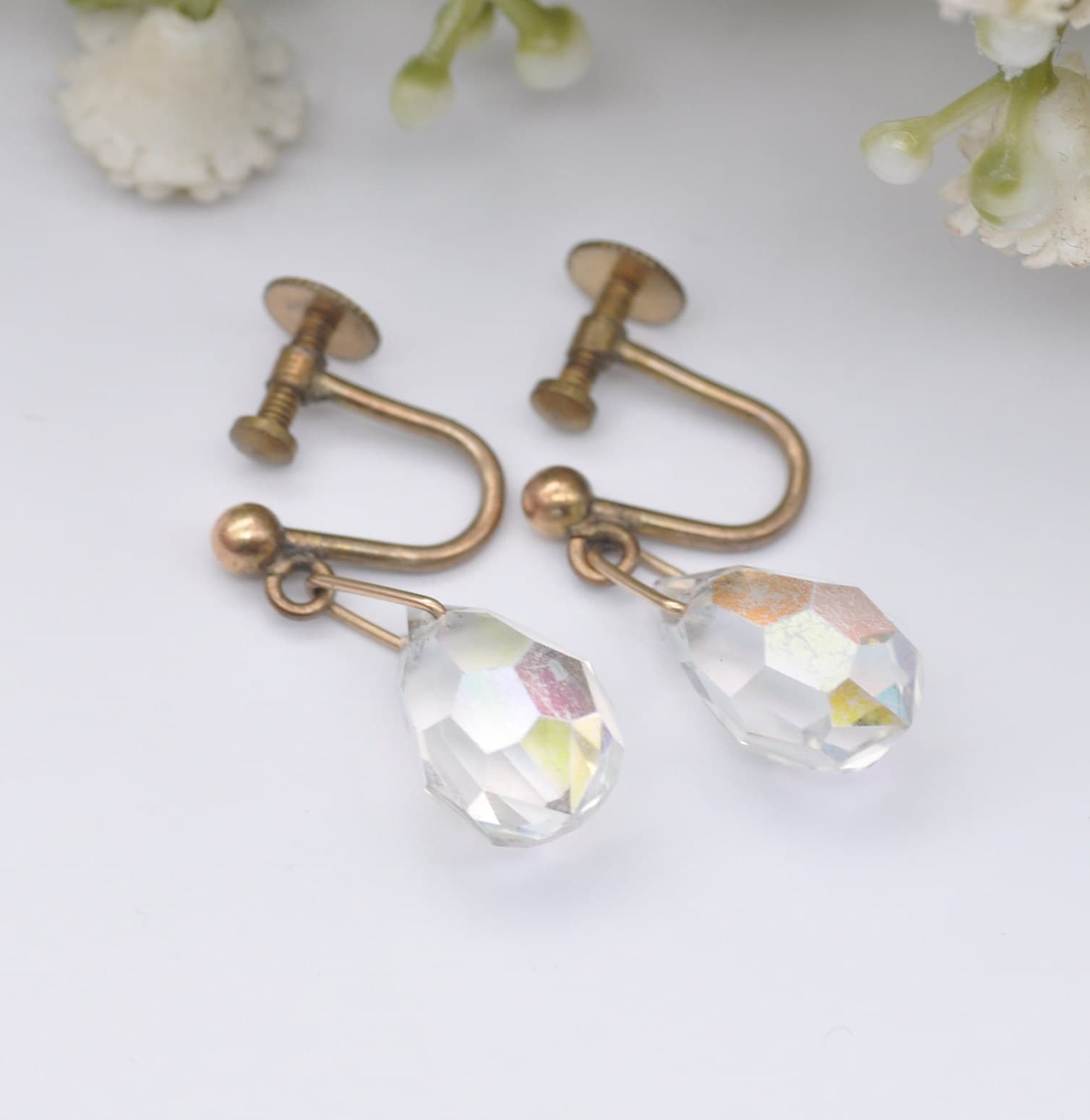 Vintage Rolled Gold Aurora Glass Screw Back Drop Earrings - Aurora Borealis | Sparkly Statement Drops