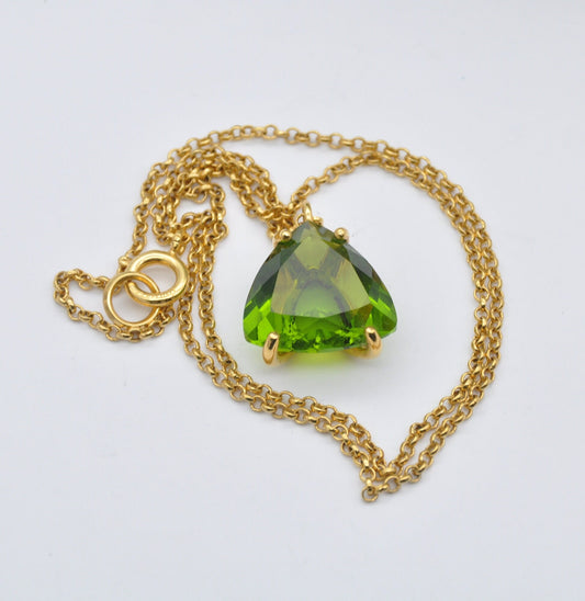 Vintage Gold Filled Green Glass Stone Pendant Necklace on Original Chain - Quality Mid-Century Costume Jewellery