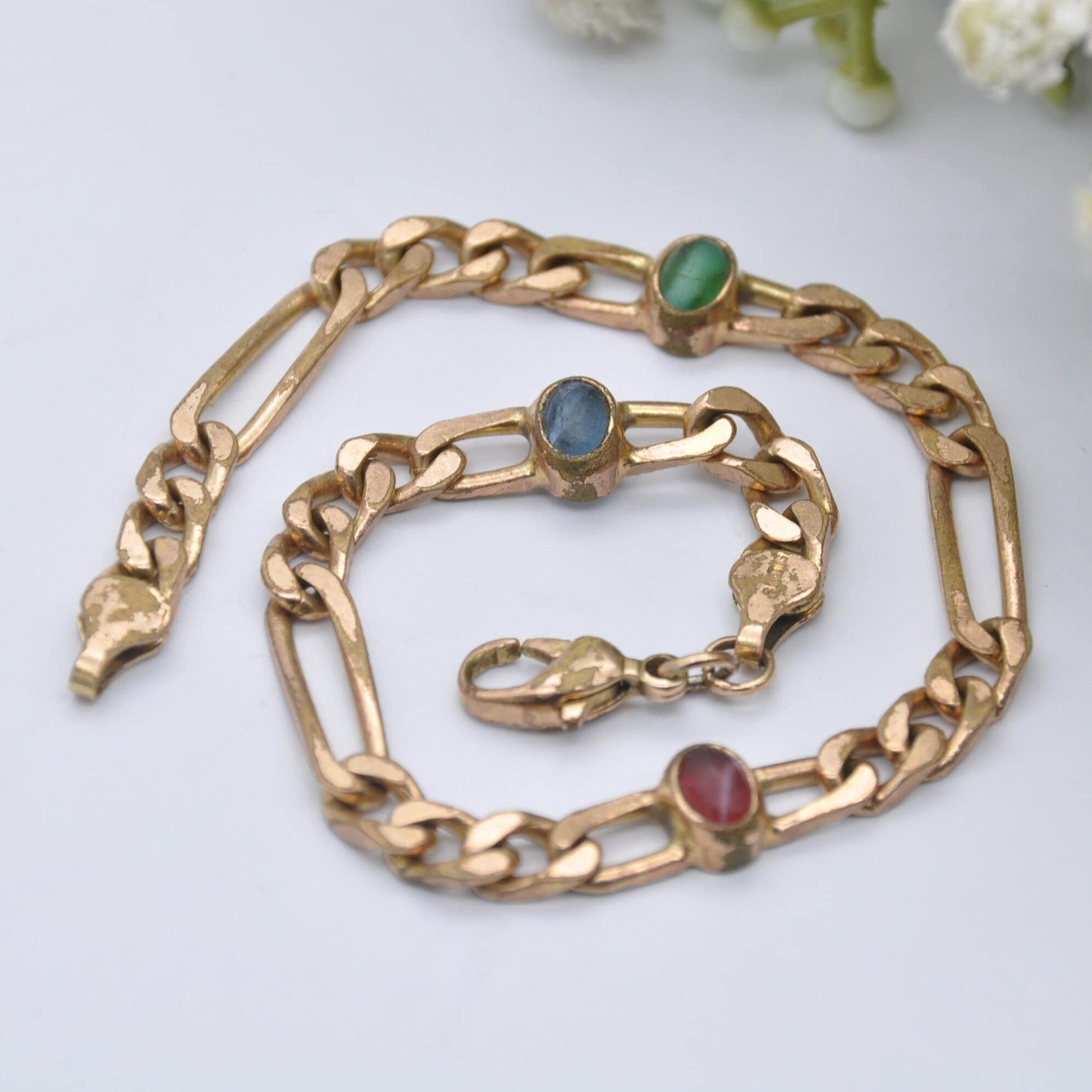 Vintage Rolled Gold Curb Link Bracelet with Multi-Coloured Glass Stones - Blue Green Red | Unusual Chunky Design