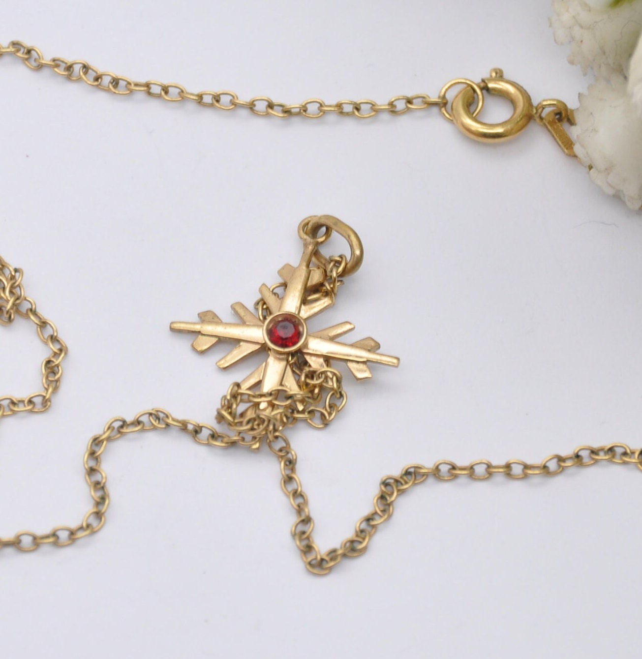 Vintage Rolled Gold Snowflake Red Paste Pendant Necklace on AM Double Chain - Delicate Mid-Century Costume Jewellery