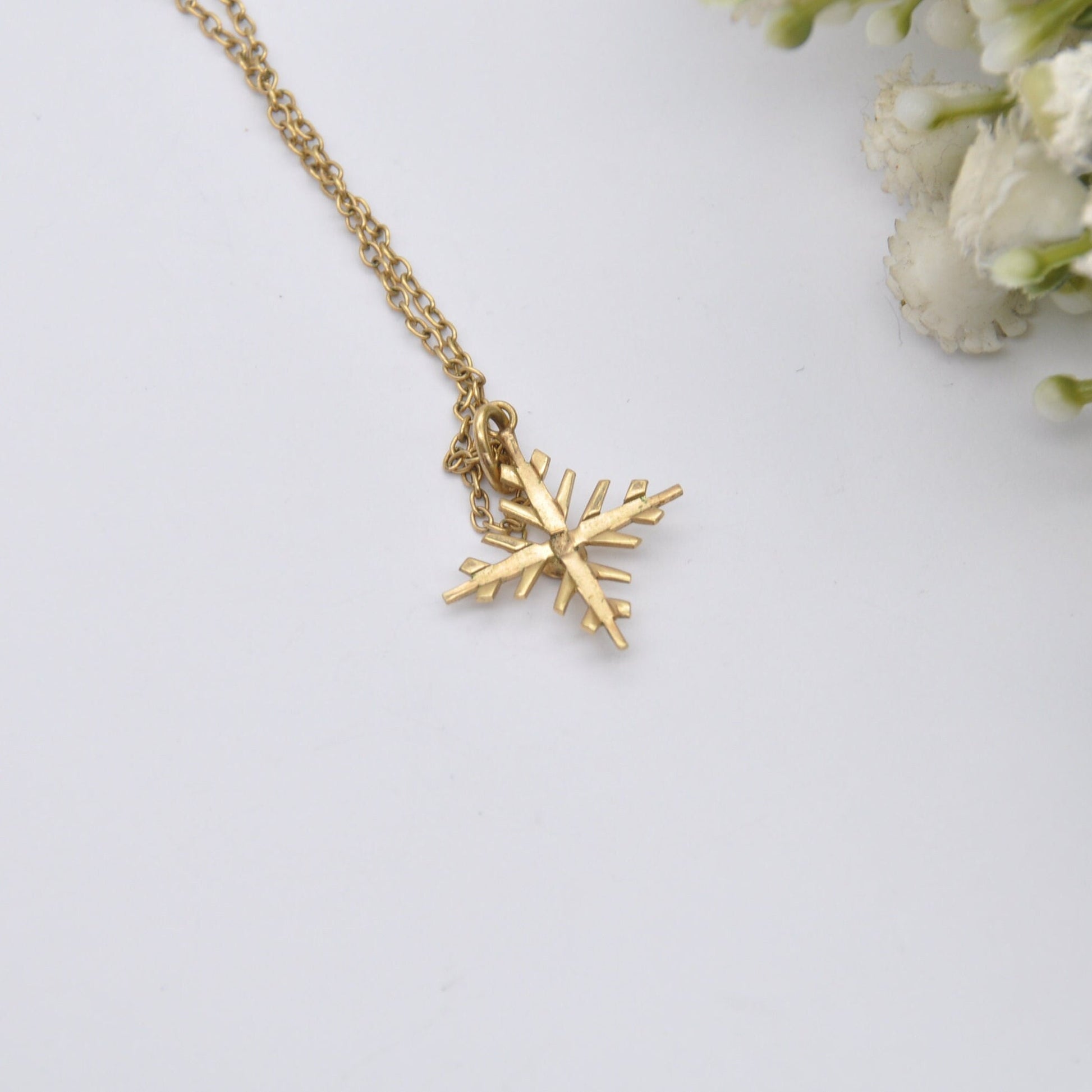 Vintage Rolled Gold Snowflake Red Paste Pendant Necklace on AM Double Chain - Delicate Mid-Century Costume Jewellery