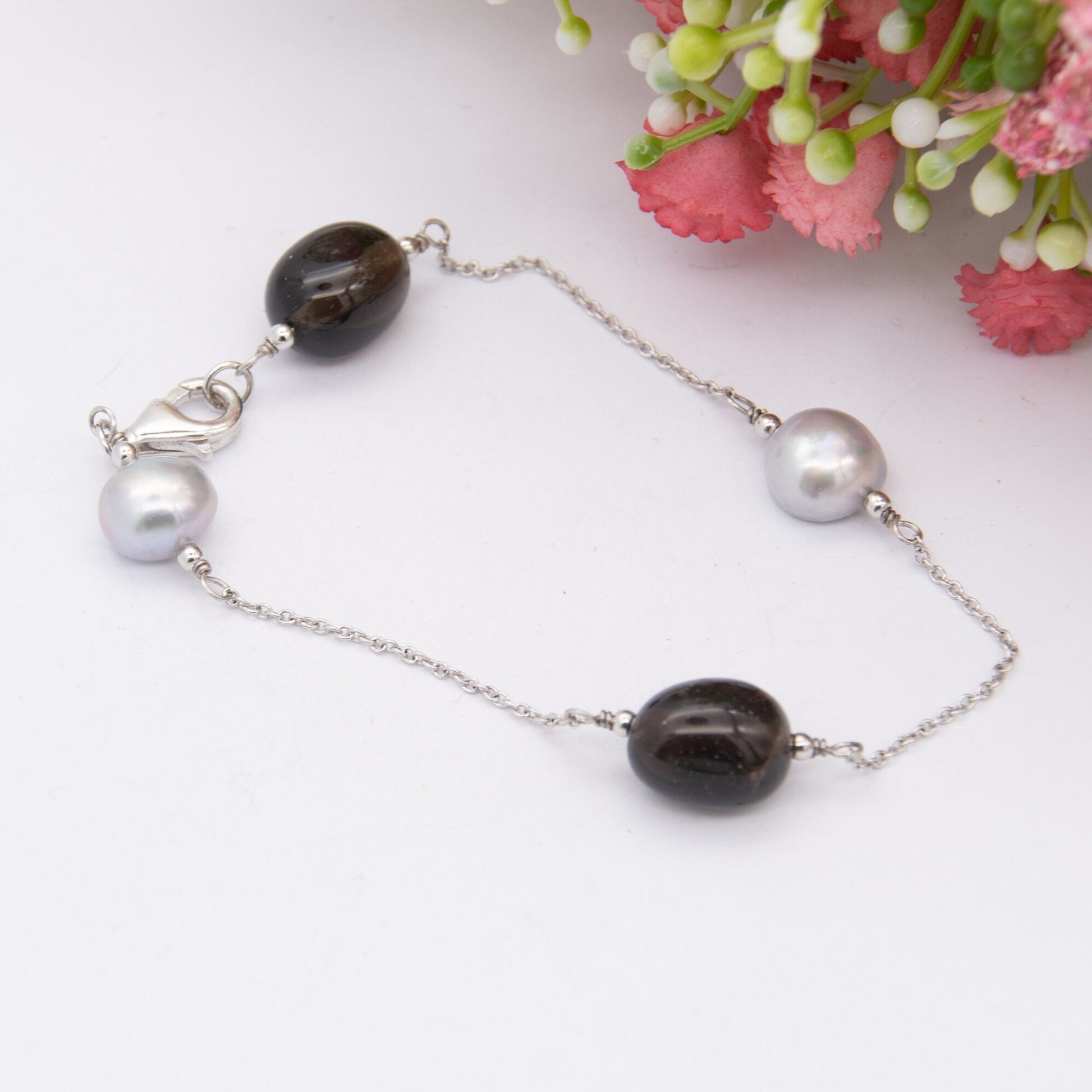 Sterling Silver Pearl Smoky Quartz Chain Bracelet - Minimalist Gemstone Design | Delicate Jewellery