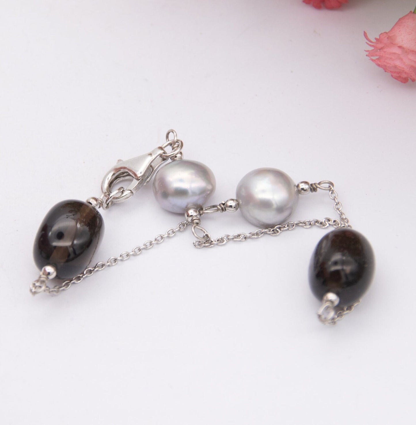 Sterling Silver Pearl Smoky Quartz Chain Bracelet - Minimalist Gemstone Design | Delicate Jewellery