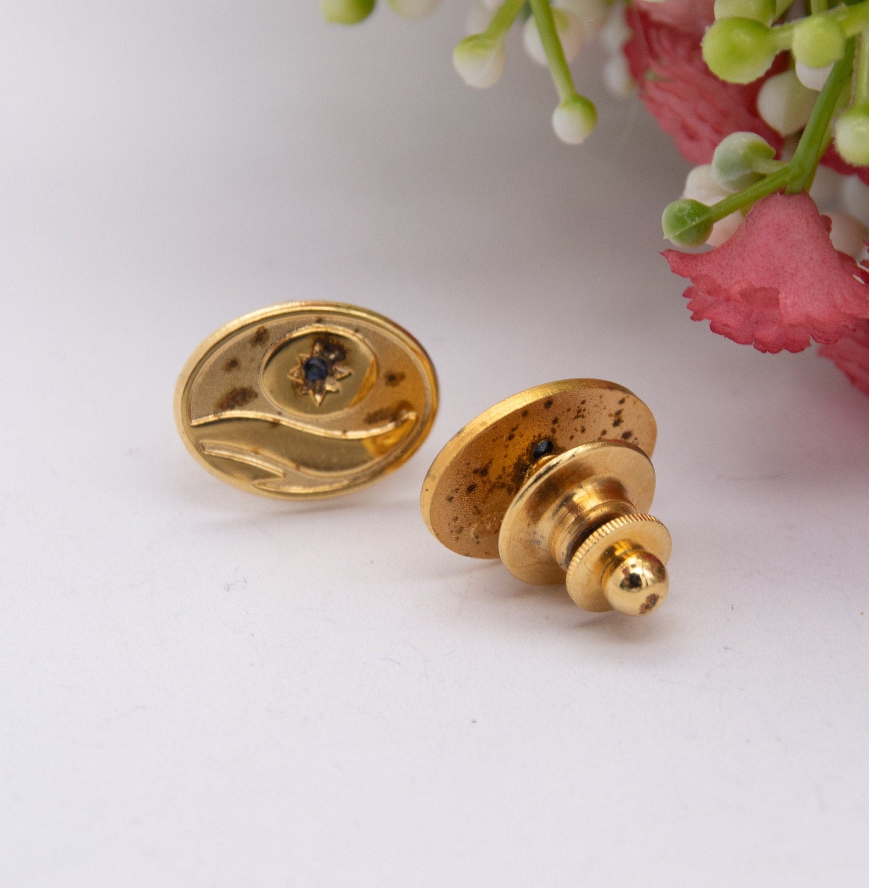 Vintage Sterling Silver Sapphire Pin Badges Gold Plated - Tie Pin | Lapel Pin | Matching Pair