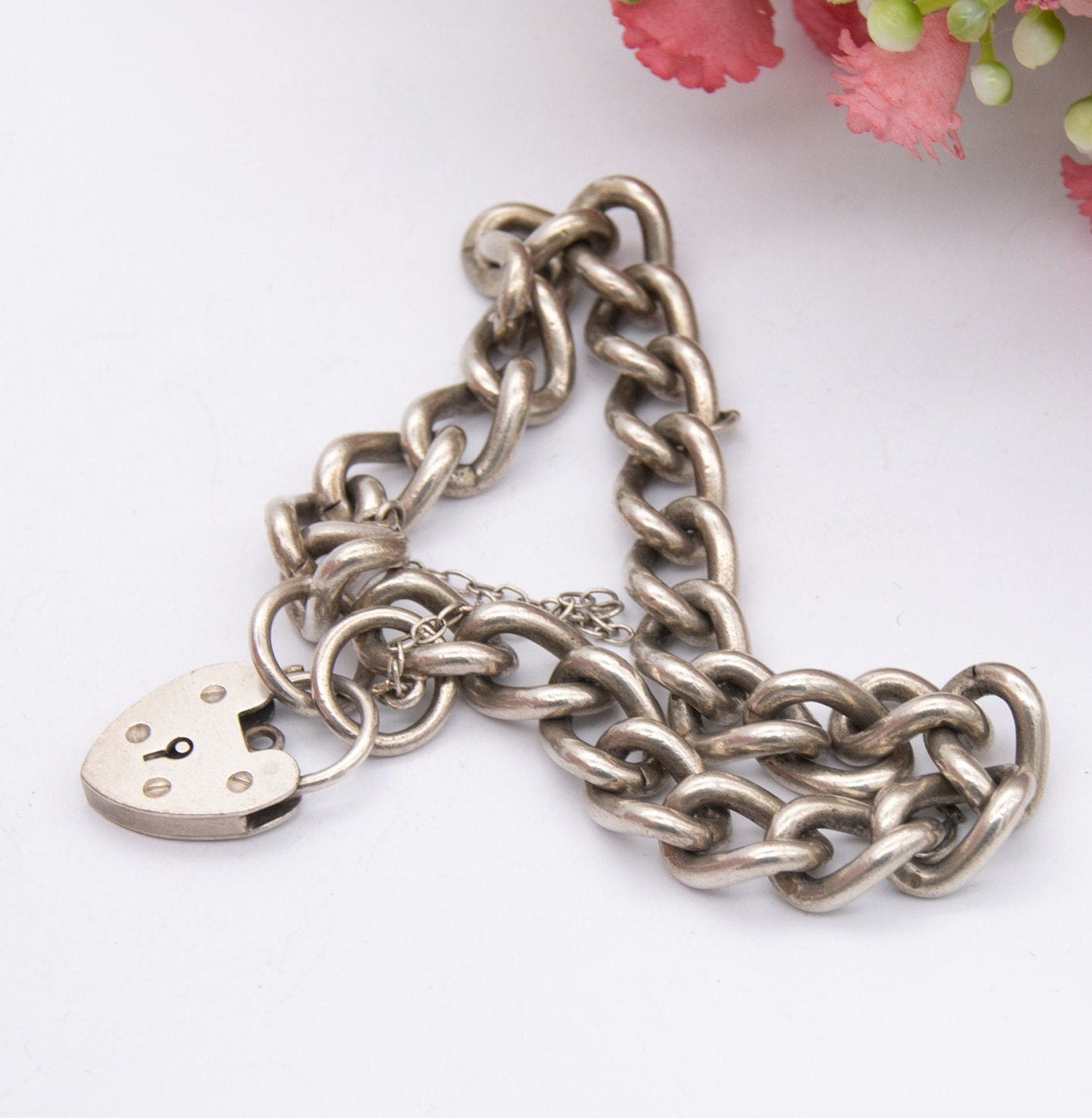 Vintage Sterling Silver Heart Padlock Clasp Chain Bracelet 1979 - Chunky Curb Links with Safety Chain