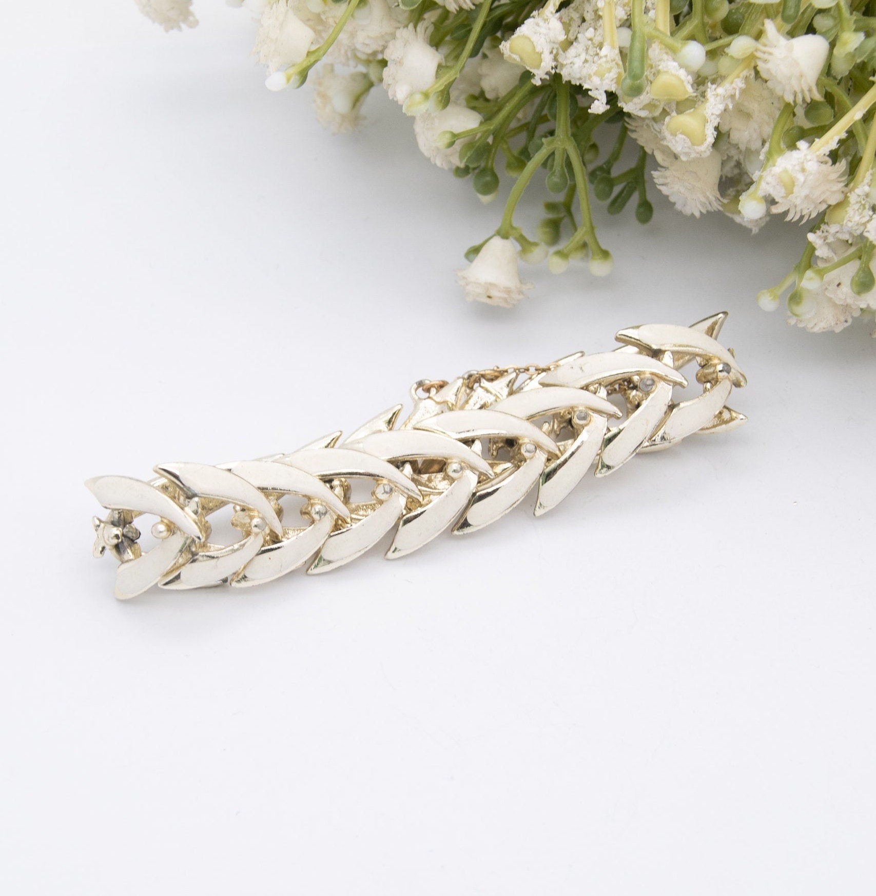 Vintage Jewelcraft Bracelet with Safety Chain - Abstract White Enamel and Gold Tone | Mid-Century Branded Jewellery