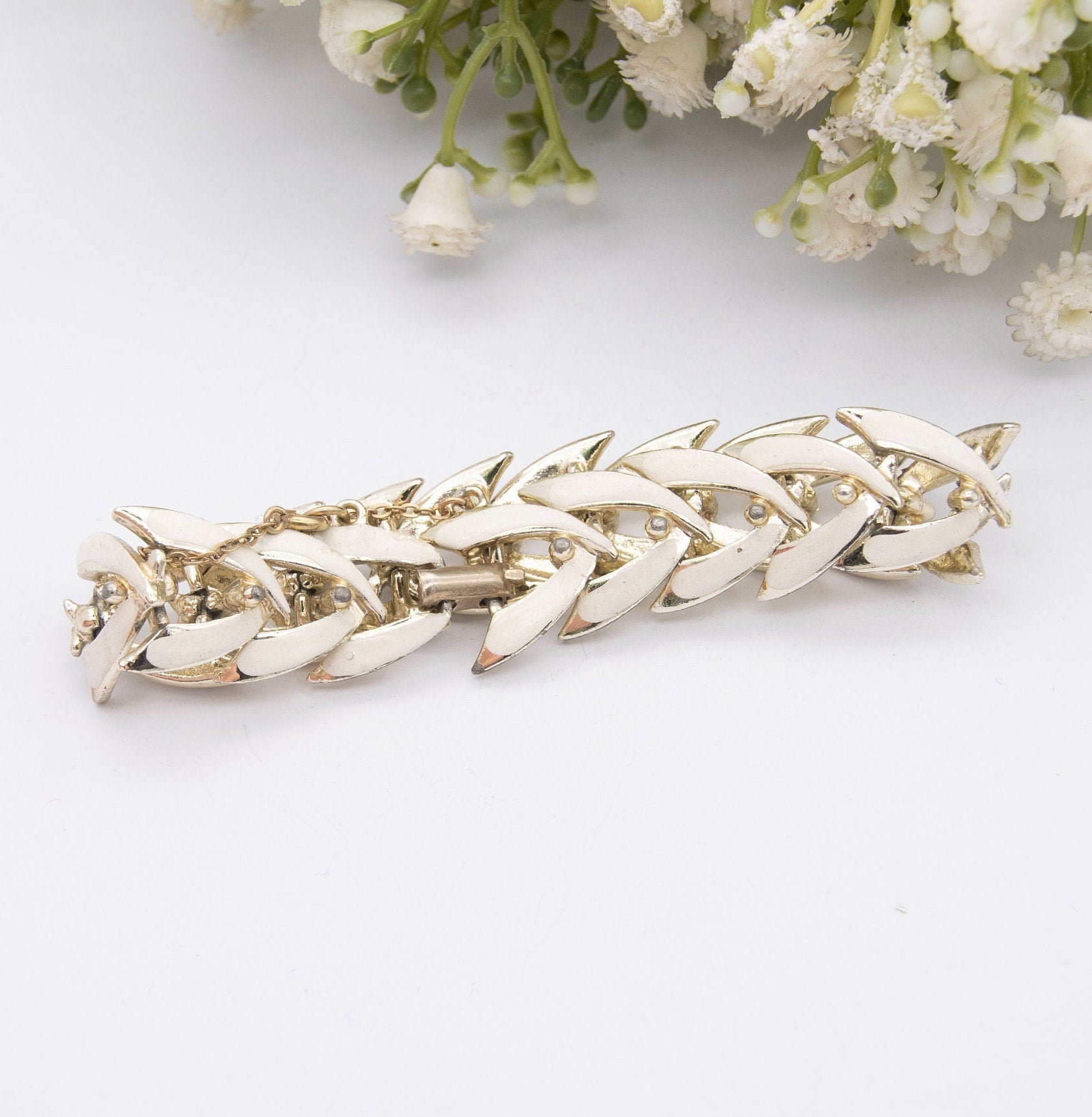 Vintage Jewelcraft Bracelet with Safety Chain - Abstract White Enamel and Gold Tone | Mid-Century Branded Jewellery