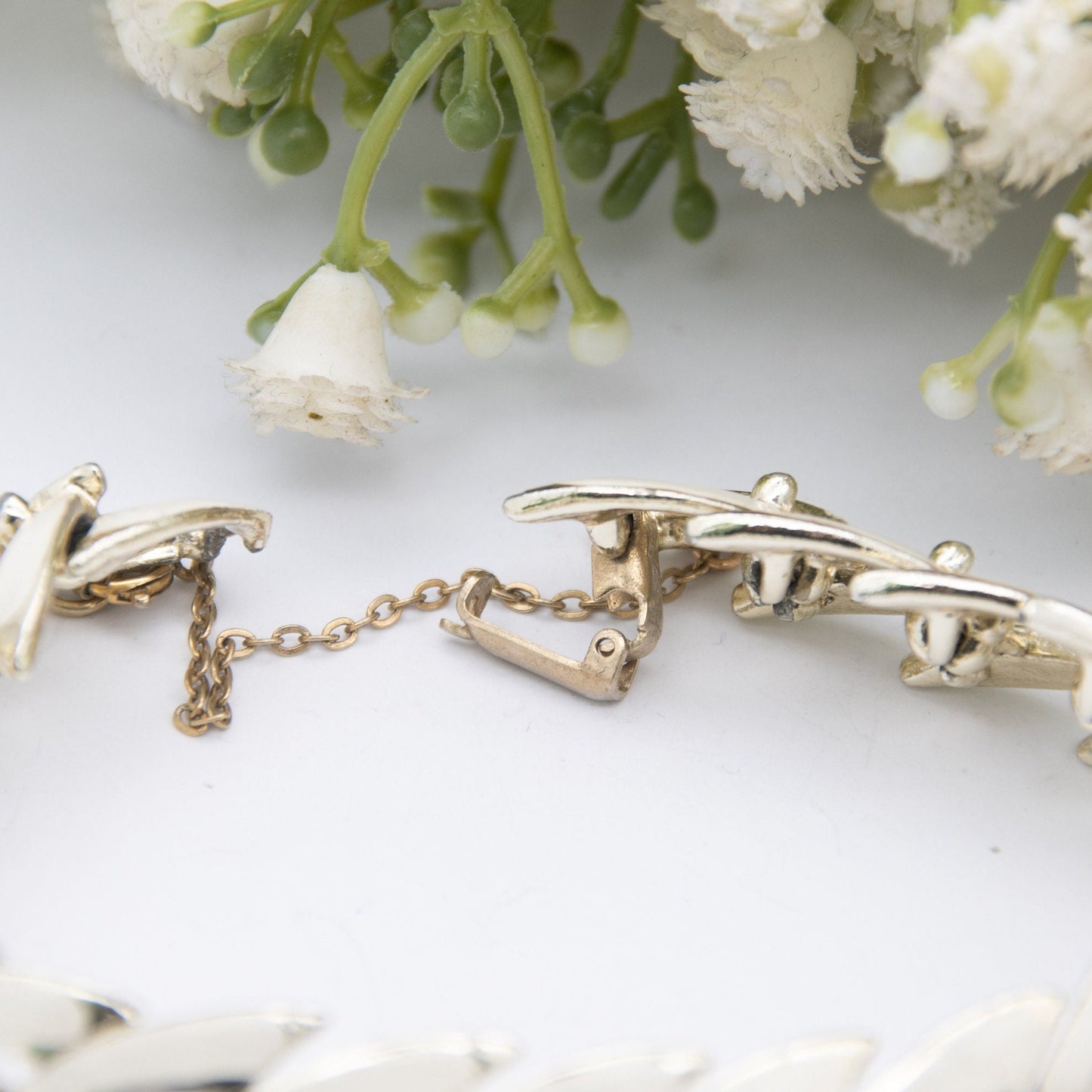 Vintage Jewelcraft Bracelet with Safety Chain - Abstract White Enamel and Gold Tone | Mid-Century Branded Jewellery
