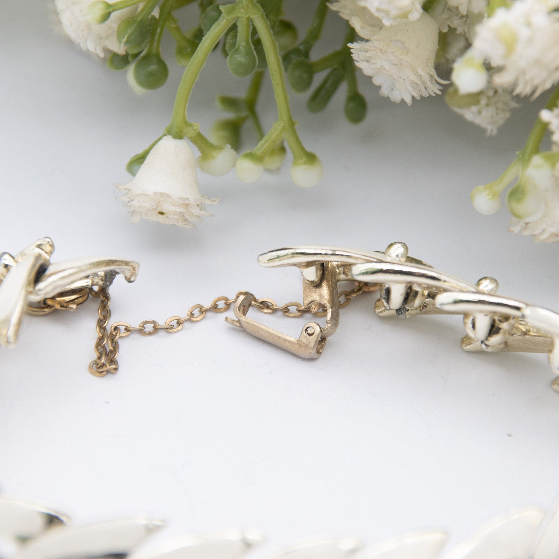 Vintage Jewelcraft Bracelet with Safety Chain - Abstract White Enamel and Gold Tone | Mid-Century Branded Jewellery