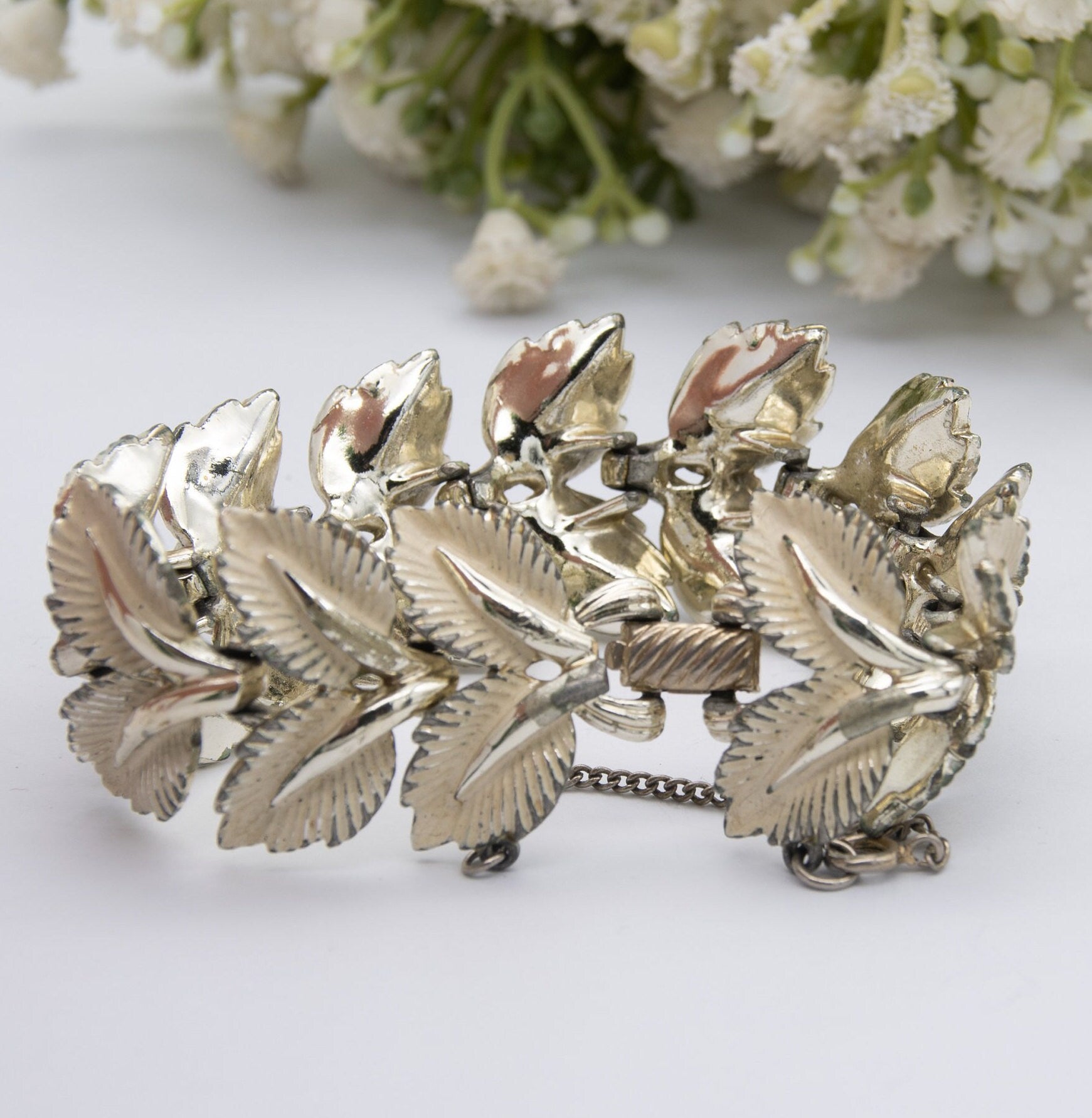 Vintage Jewelcraft Bracelet - Chunky White Leaves | Enamel and Gold Tone | Mid-Century Branded Jewellery