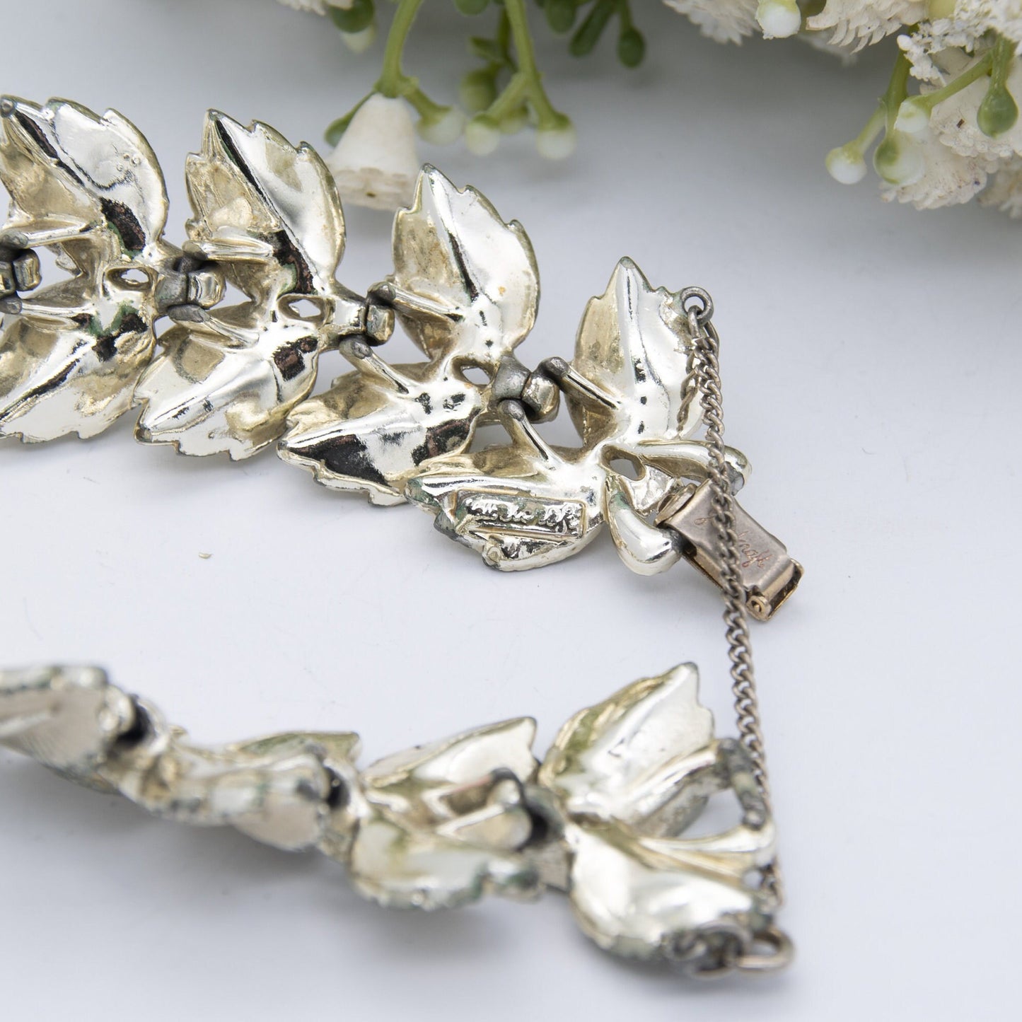 Vintage Jewelcraft Bracelet - Chunky White Leaves | Enamel and Gold Tone | Mid-Century Branded Jewellery