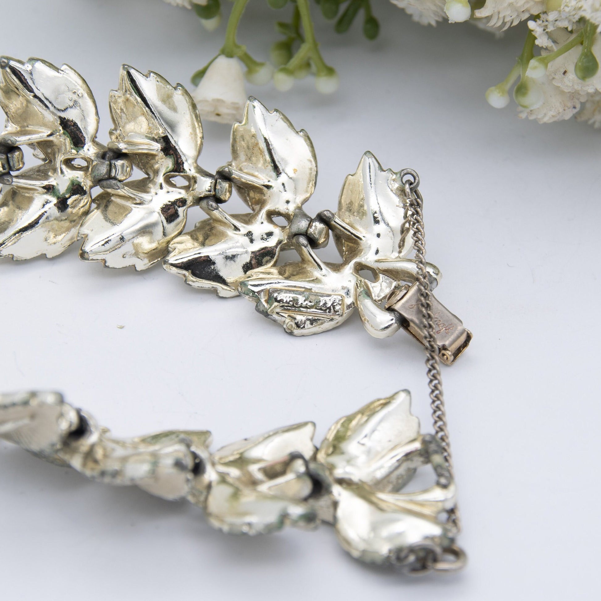 Vintage Jewelcraft Bracelet - Chunky White Leaves | Enamel and Gold Tone | Mid-Century Branded Jewellery