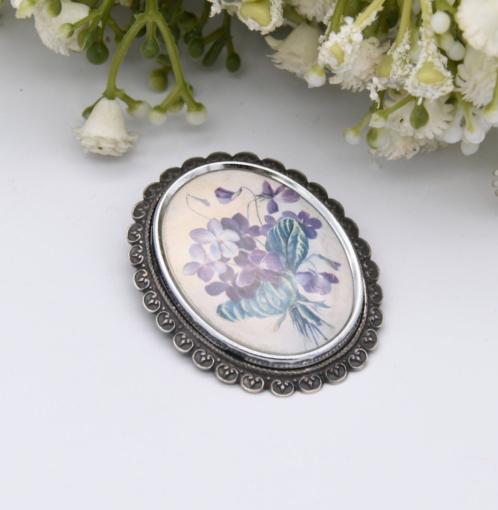 Vintage TLM Flower Painting Style Brooch - Thomas L Mott Large Brooch | Made in England