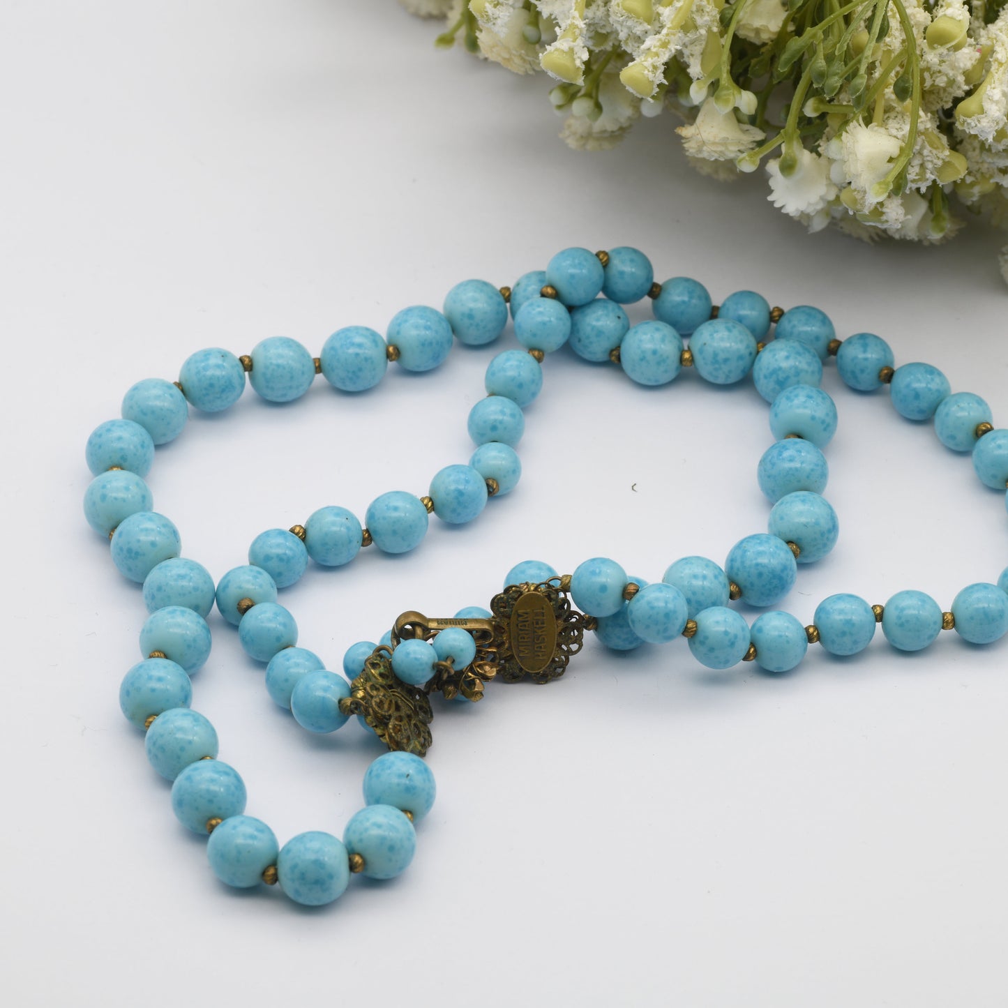 Miriam Haskell Signed Glass Bead Collar Necklace - Vintage American Designer Jewellery | Two Strand | Turquoise Peking Glass | Ornate Clasp