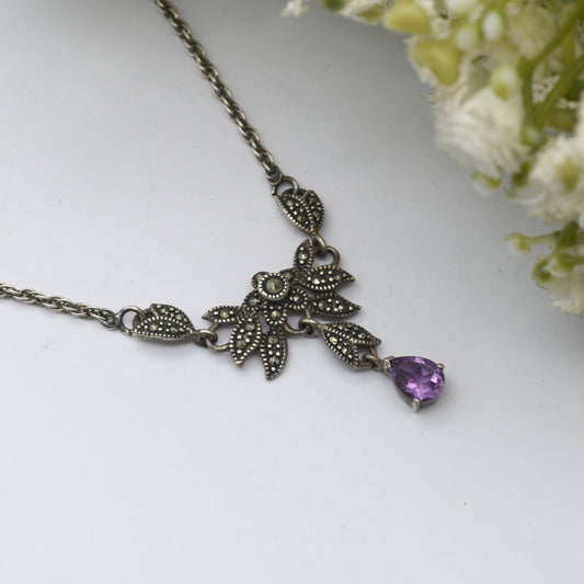 Vintage Marcasite Amethyst Flower Pendant Necklace on Prince of Wales Chain