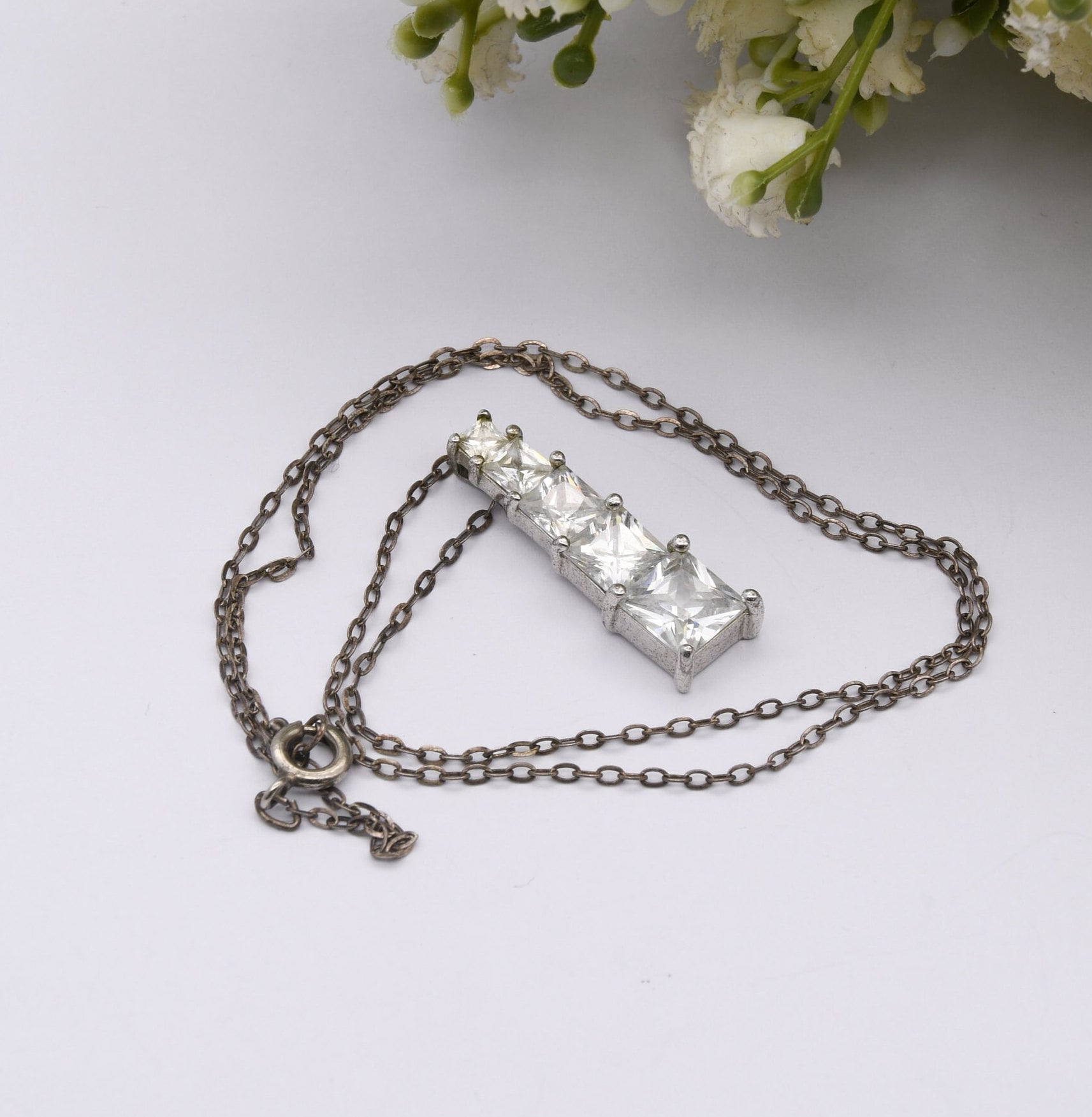 Sterling Silver CZ Pendant Necklace - Sparkly Stones | Stacked Tower Shape