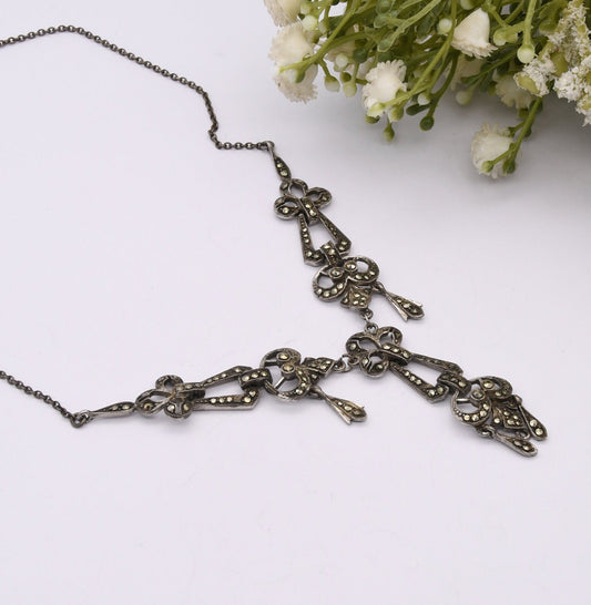 Vintage Sterling Silver Marcasite Necklace with Integral Pendant Drop - Ornate Antique Style