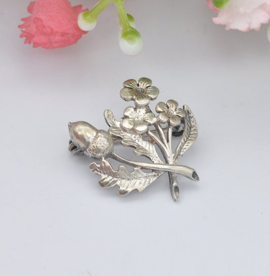 Antique Sterling Silver Acorn and Flower Brooch - Wild Flowers