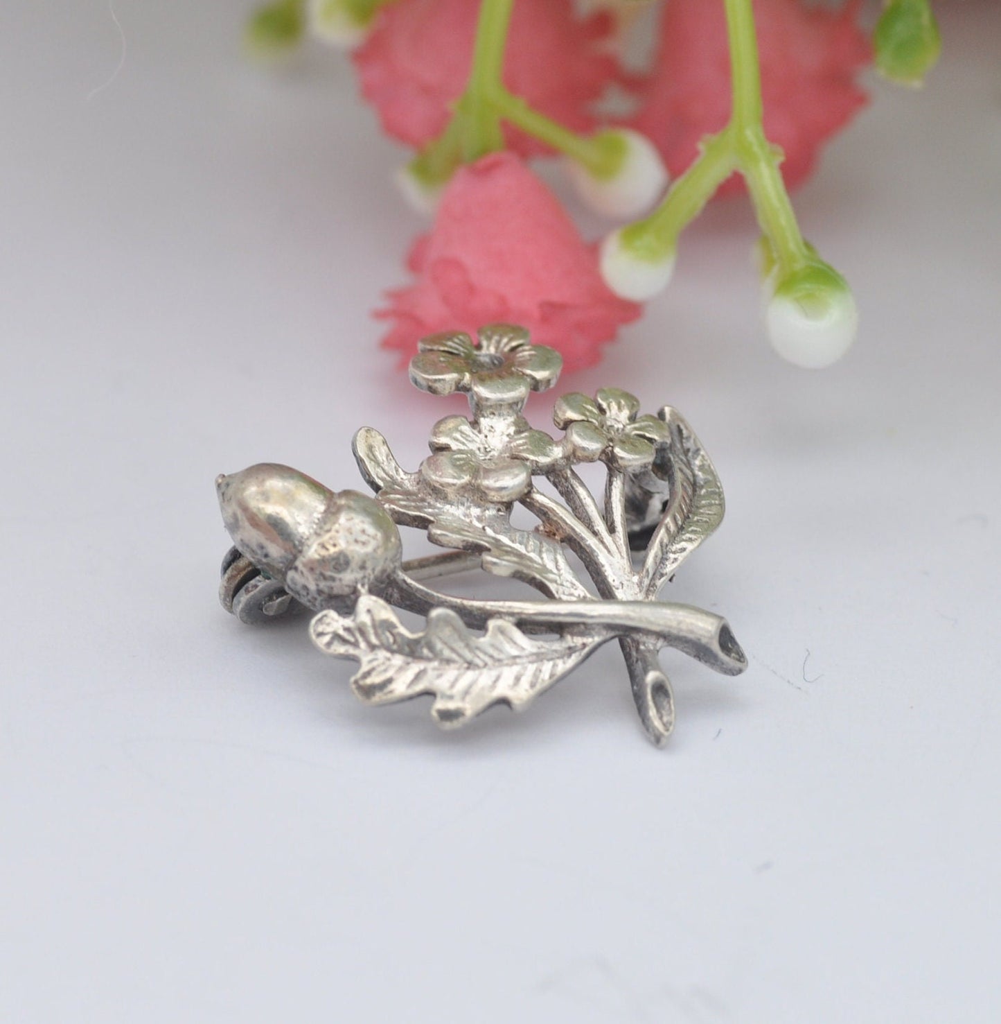 Antique Sterling Silver Acorn and Flower Brooch - Wild Flowers