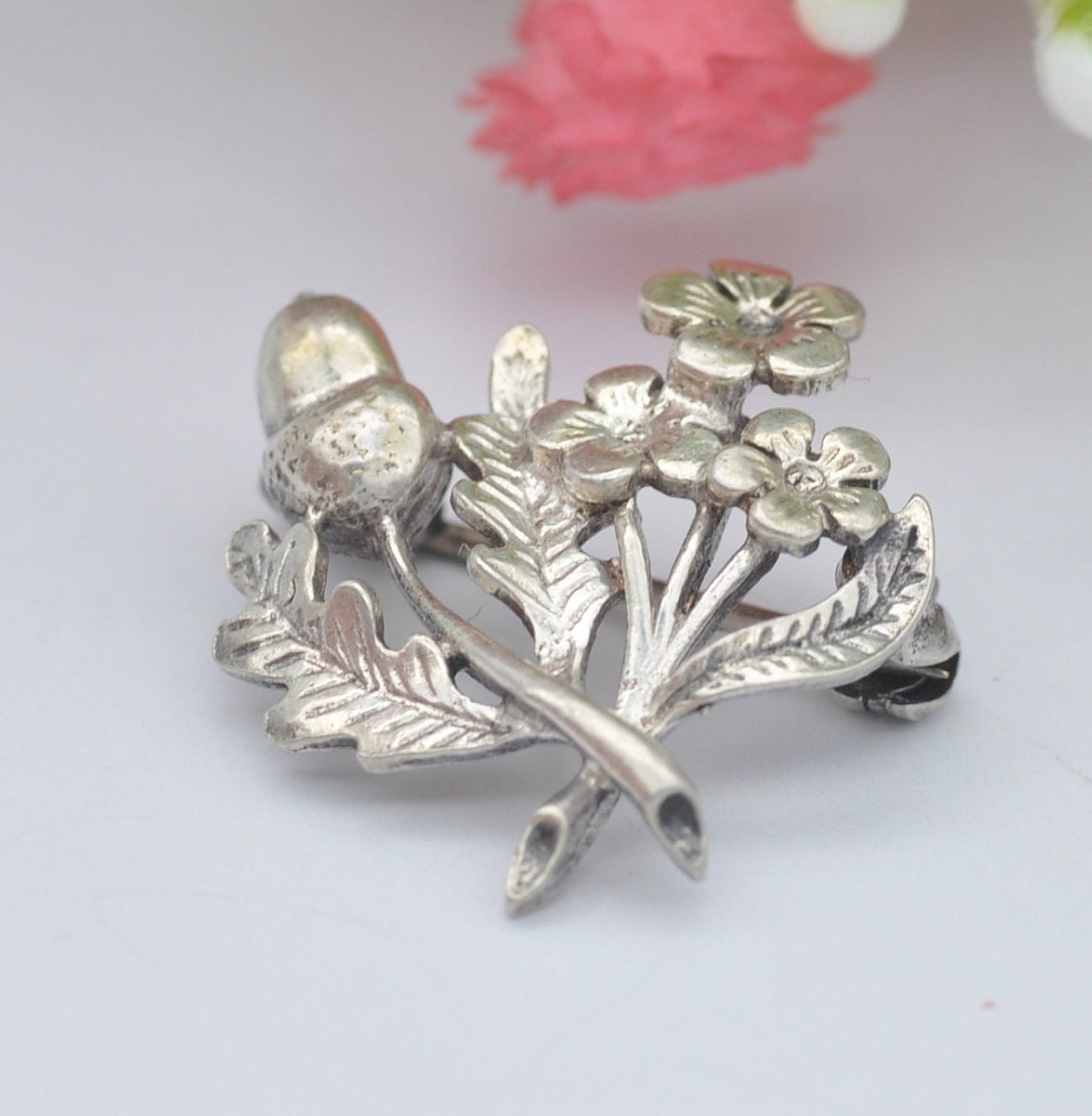 Antique Sterling Silver Acorn and Flower Brooch - Wild Flowers