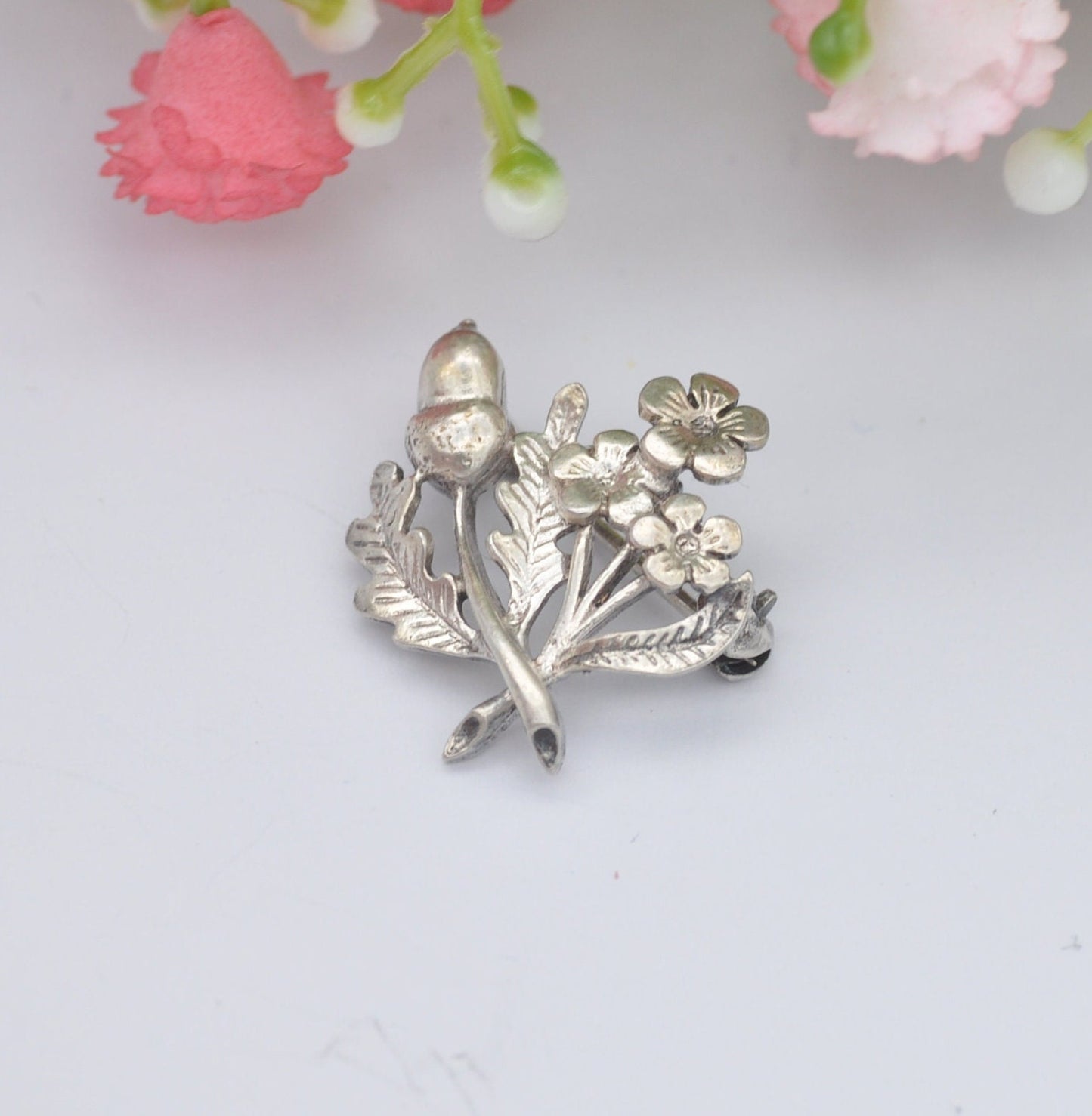 Antique Sterling Silver Acorn and Flower Brooch - Wild Flowers